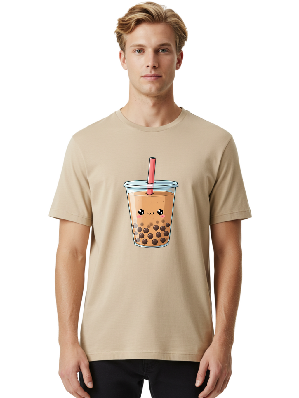 Bubble-Tea-5 Men'S Graphic Tee, 100% Cotton, Comfortable Casual Summer Wear, Machine Washable, Boba Tea, Milk Tea, Bubble Tea, Cute Drink, Cartoon Character, Adorable Face, Happy Expression, Brown Bubbles, Pink Straw, Iced Tea, Tea Culture, Bac707