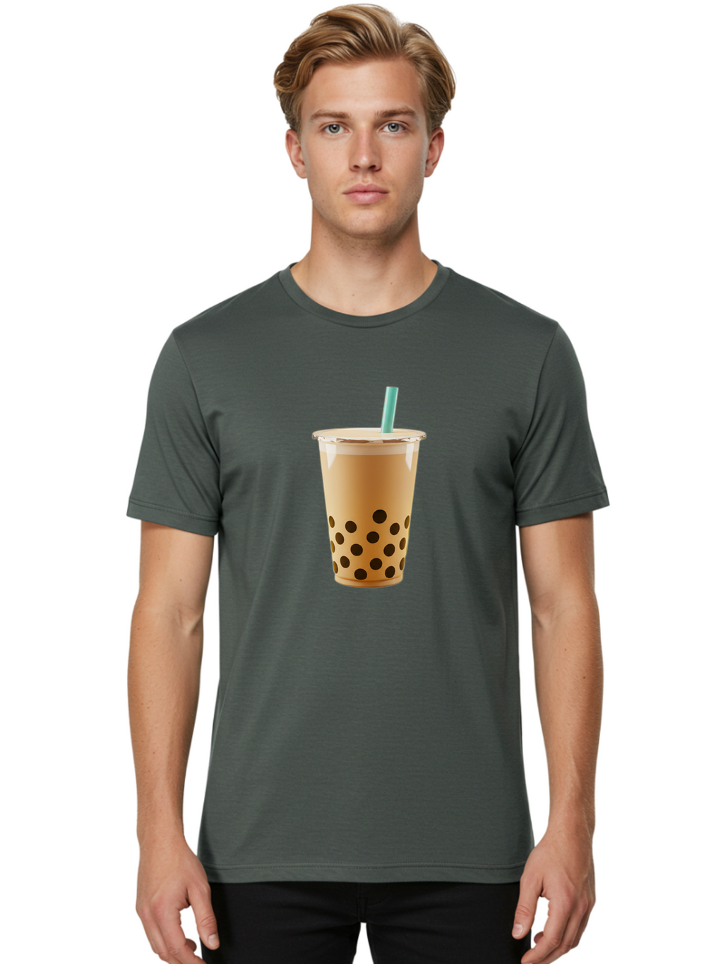 Bubble-Tea-7 Men'S Graphic Tee, 100% Cotton, Comfortable Casual Summer Wear, Machine Washable, Bubble Milk Tea, Boba Drink, Iced Tea, Creamy Texture, Black Tapioca Pearls, Takeout Cup, Blue Straw, Refreshing Beverage, Popular Drink Bac709