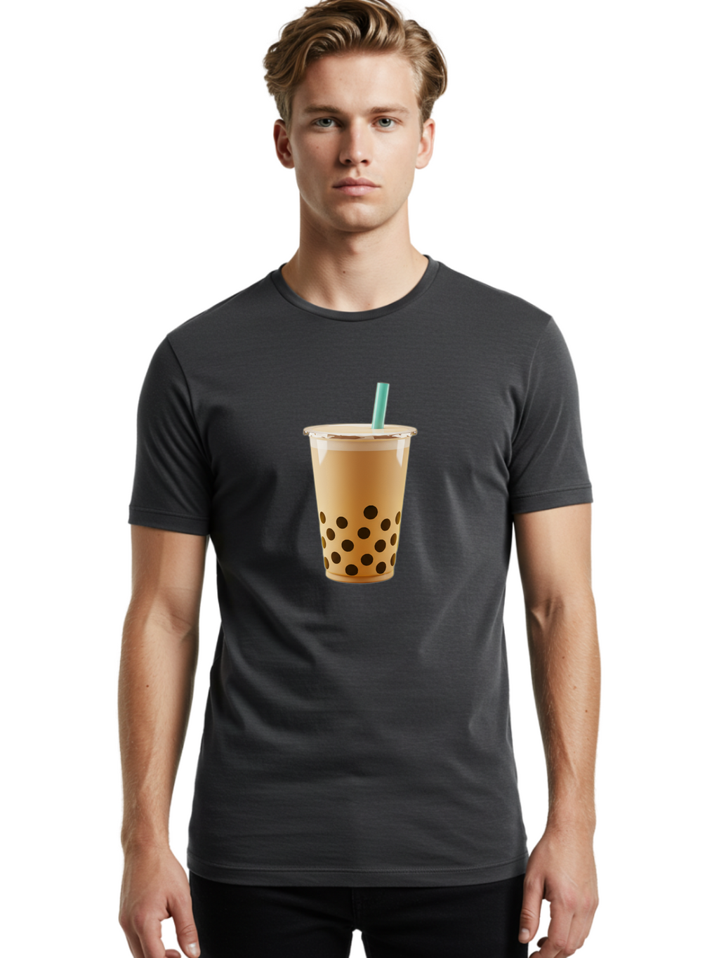 Bubble-Tea-7 Men'S Graphic Tee, 100% Cotton, Comfortable Casual Summer Wear, Machine Washable, Bubble Milk Tea, Boba Drink, Iced Tea, Creamy Texture, Black Tapioca Pearls, Takeout Cup, Blue Straw, Refreshing Beverage, Popular Drink Bac709