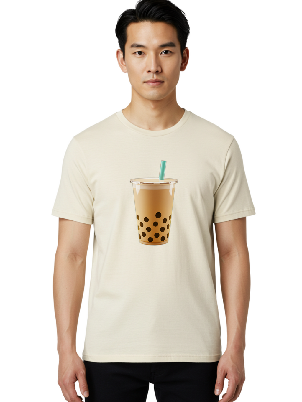 Bubble-Tea-7 Men'S Graphic Tee, 100% Cotton, Comfortable Casual Summer Wear, Machine Washable, Bubble Milk Tea, Boba Drink, Iced Tea, Creamy Texture, Black Tapioca Pearls, Takeout Cup, Blue Straw, Refreshing Beverage, Popular Drink Bac709