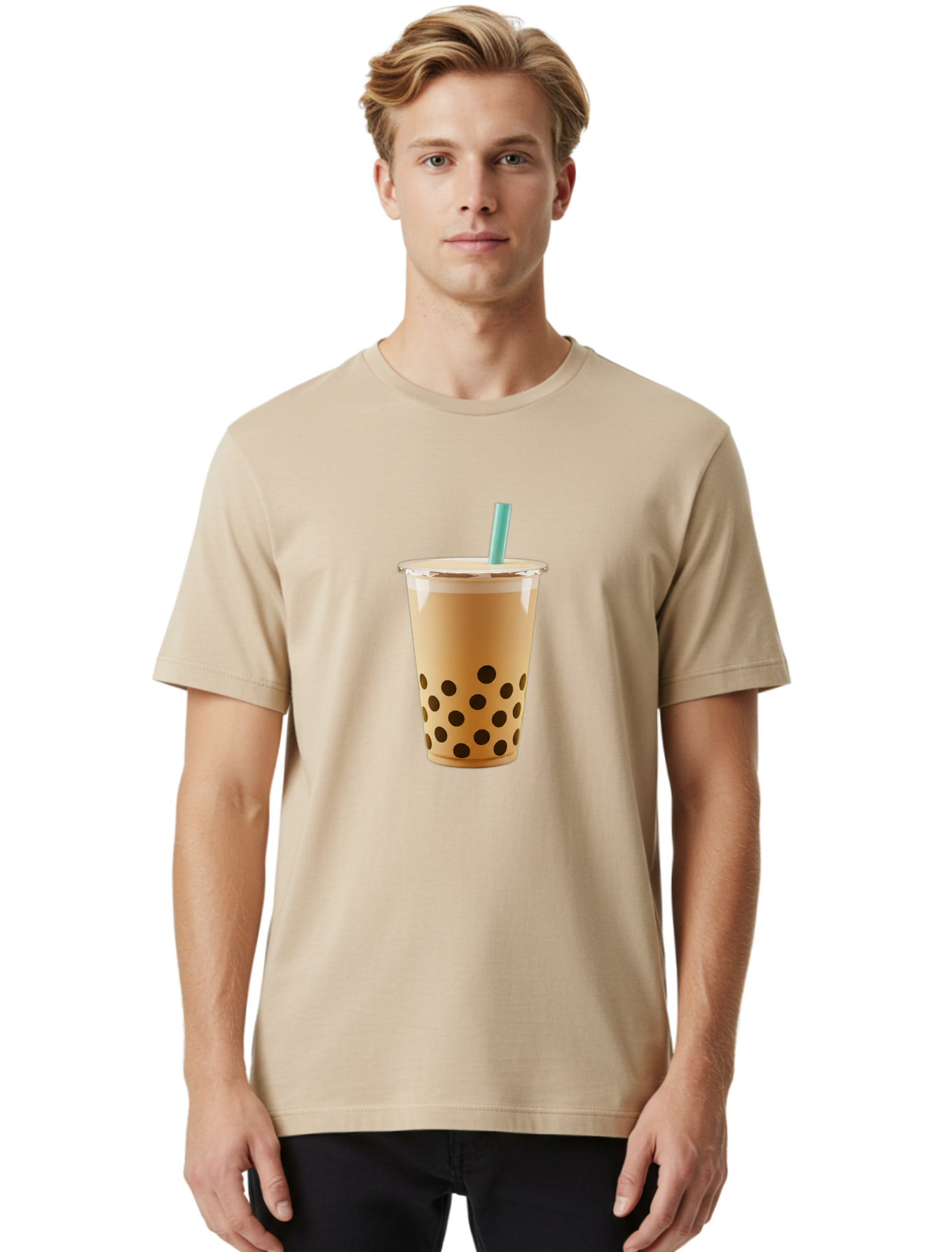 Bubble-Tea-7 Men'S Graphic Tee, 100% Cotton, Comfortable Casual Summer Wear, Machine Washable, Bubble Milk Tea, Boba Drink, Iced Tea, Creamy Texture, Black Tapioca Pearls, Takeout Cup, Blue Straw, Refreshing Beverage, Popular Drink Bac709