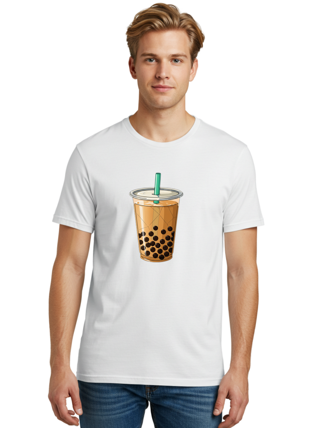 Bubble-Tea-8 Men'S Graphic Tee, 100% Cotton, Comfortable Casual Summer Wear, Machine Washable, Bubble Tea, Boba Tea, Milk Tea, Tapioca Pearls, Cold Drink, Plastic Cup, Straw, Takeout Beverage, Refreshing Drink, Sweet Treat Bac710