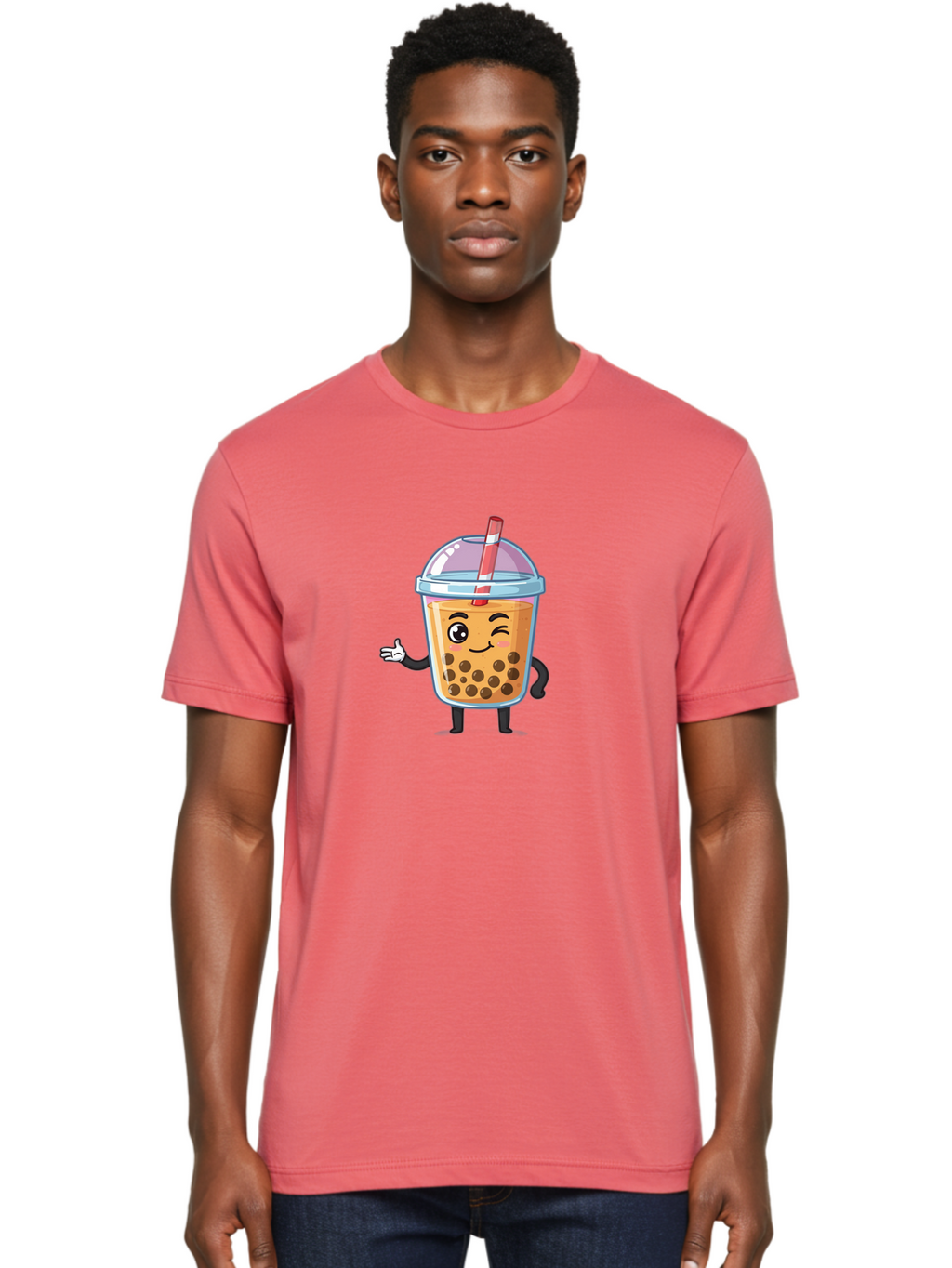 Bubble-Tea-Character Men'S Graphic Tee, 100% Cotton, Comfortable Casual Summer Wear, Machine Washable, Bubble Tea, Boba Drink, Cartoon Character, Cute Mascot, Smiling Face, Winking Eye, Straw, Boba Balls, Tea Cup, Drink Straw, Happy Face, Bac712