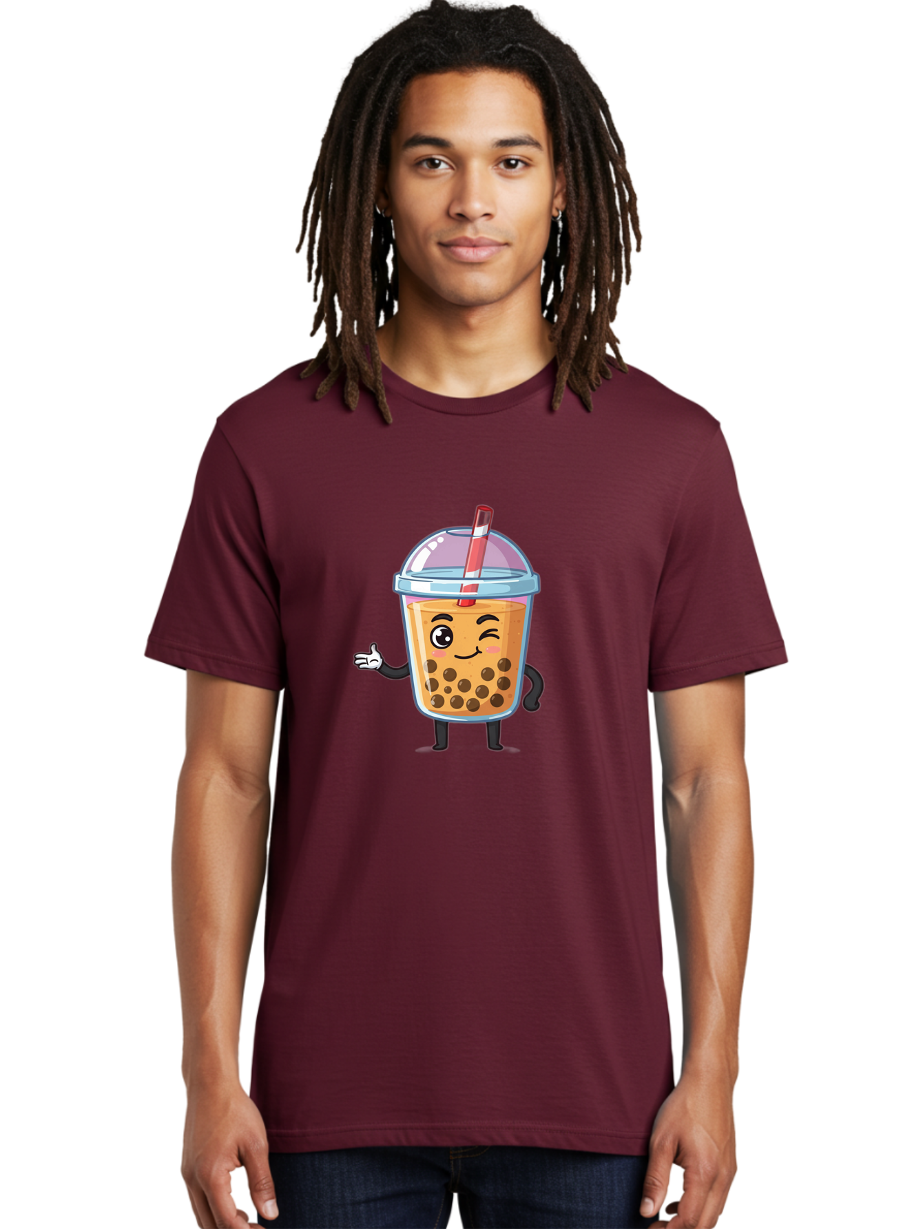 Bubble-Tea-Character Men'S Graphic Tee, 100% Cotton, Comfortable Casual Summer Wear, Machine Washable, Bubble Tea, Boba Drink, Cartoon Character, Cute Mascot, Smiling Face, Winking Eye, Straw, Boba Balls, Tea Cup, Drink Straw, Happy Face, Bac712