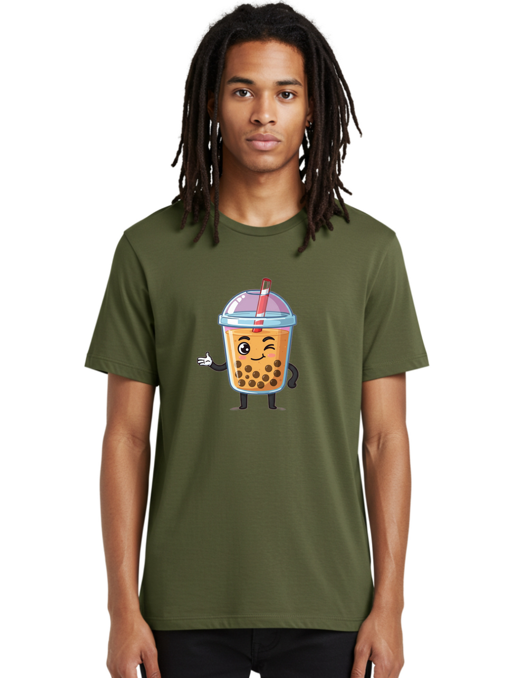 Bubble-Tea-Character Men'S Graphic Tee, 100% Cotton, Comfortable Casual Summer Wear, Machine Washable, Bubble Tea, Boba Drink, Cartoon Character, Cute Mascot, Smiling Face, Winking Eye, Straw, Boba Balls, Tea Cup, Drink Straw, Happy Face, Bac712