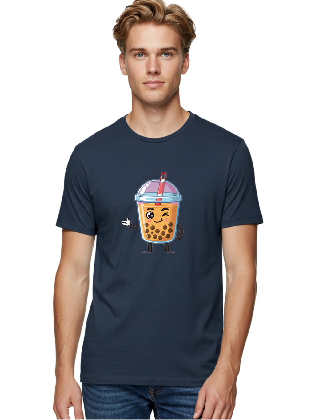 Bubble-Tea-Character Men'S Graphic Tee, 100% Cotton, Comfortable Casual Summer Wear, Machine Washable, Bubble Tea, Boba Drink, Cartoon Character, Cute Mascot, Smiling Face, Winking Eye, Straw, Boba Balls, Tea Cup, Drink Straw, Happy Face, Bac712