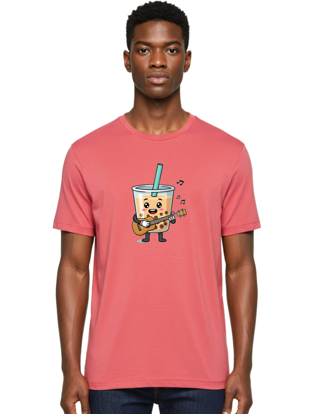Bubble-Tea-With-Ukulele Men'S Graphic Tee, 100% Cotton, Comfortable Casual Summer Wear, Machine Washable, Boba Tea Playing Guitar, Cute Cartoon Character, Bubble Tea Mascot, Music Lover, Fun Beverage, Kawaii, Milk Tea, Quirky Illustration Bac713