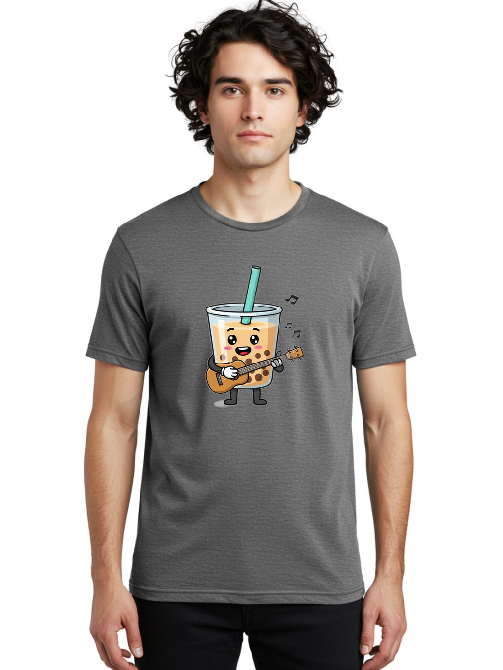 Bubble-Tea-With-Ukulele Men'S Graphic Tee, 100% Cotton, Comfortable Casual Summer Wear, Machine Washable, Boba Tea Playing Guitar, Cute Cartoon Character, Bubble Tea Mascot, Music Lover, Fun Beverage, Kawaii, Milk Tea, Quirky Illustration Bac713