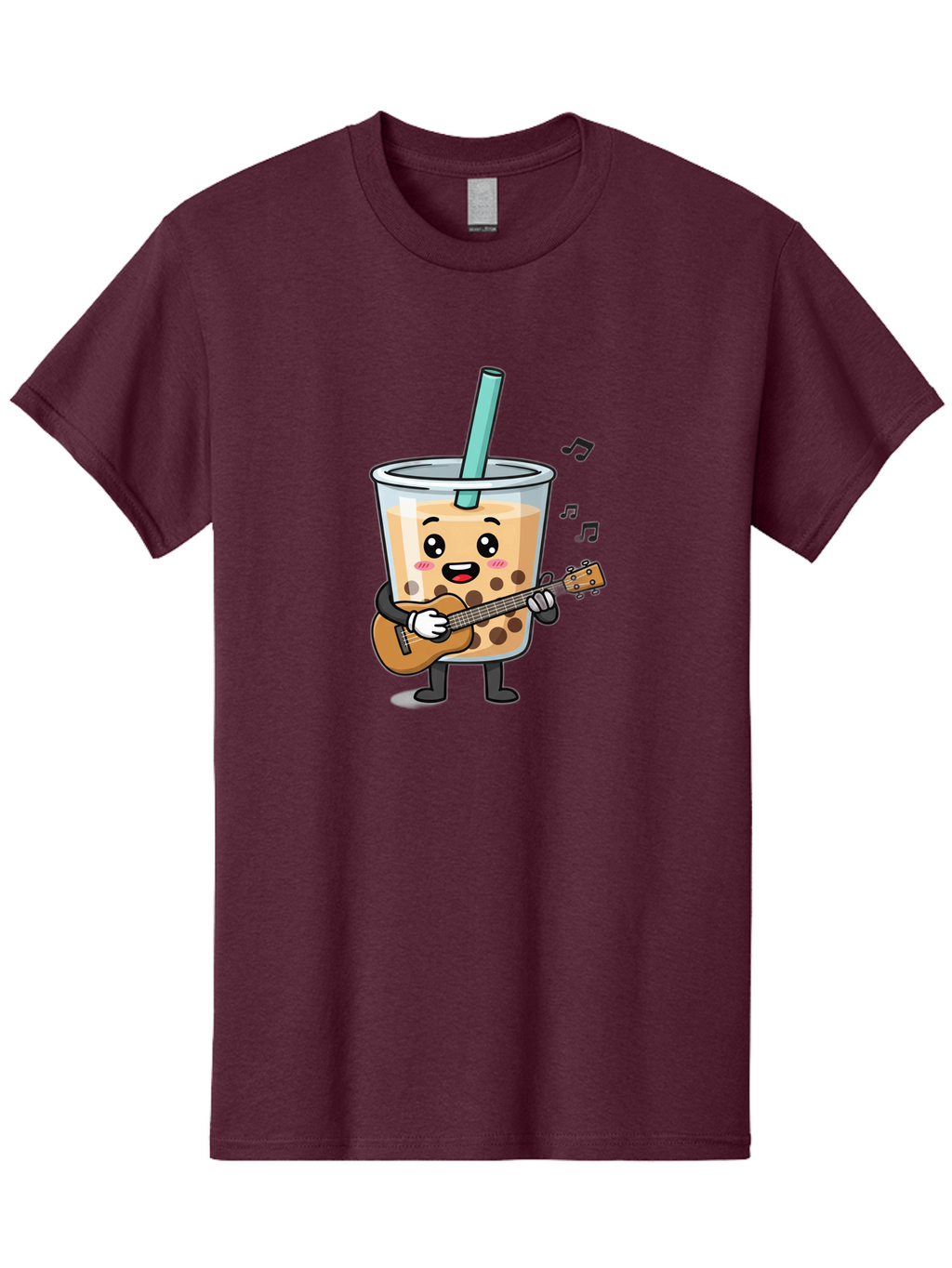 Bubble-Tea-With-Ukulele Men'S Graphic Tee, 100% Cotton, Comfortable Casual Summer Wear, Machine Washable, Boba Tea Playing Guitar, Cute Cartoon Character, Bubble Tea Mascot, Music Lover, Fun Beverage, Kawaii, Milk Tea, Quirky Illustration Bac713