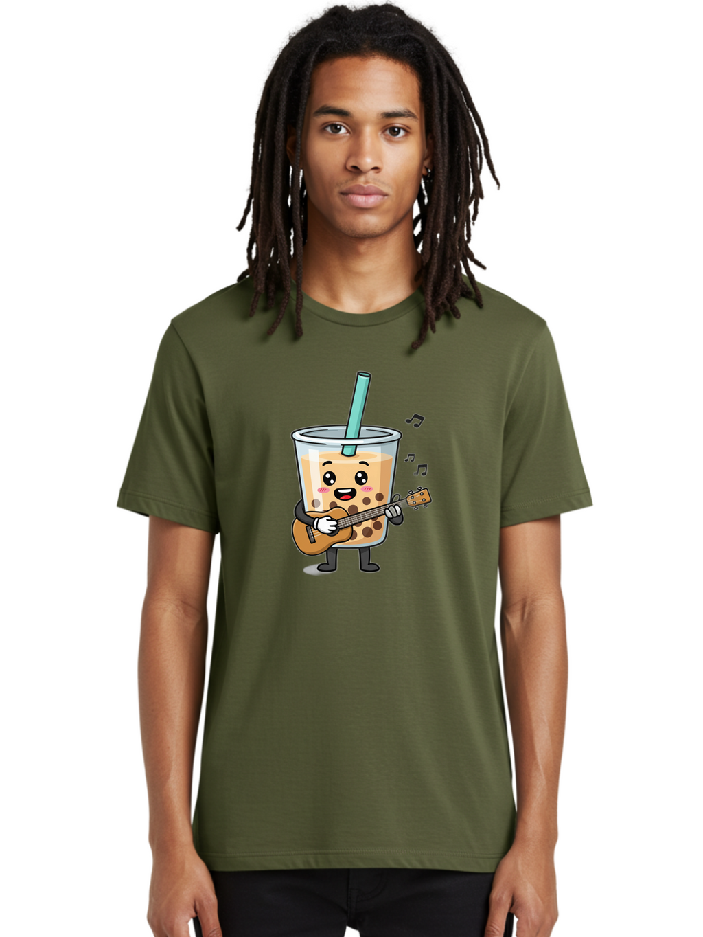 Bubble-Tea-With-Ukulele Men'S Graphic Tee, 100% Cotton, Comfortable Casual Summer Wear, Machine Washable, Boba Tea Playing Guitar, Cute Cartoon Character, Bubble Tea Mascot, Music Lover, Fun Beverage, Kawaii, Milk Tea, Quirky Illustration Bac713