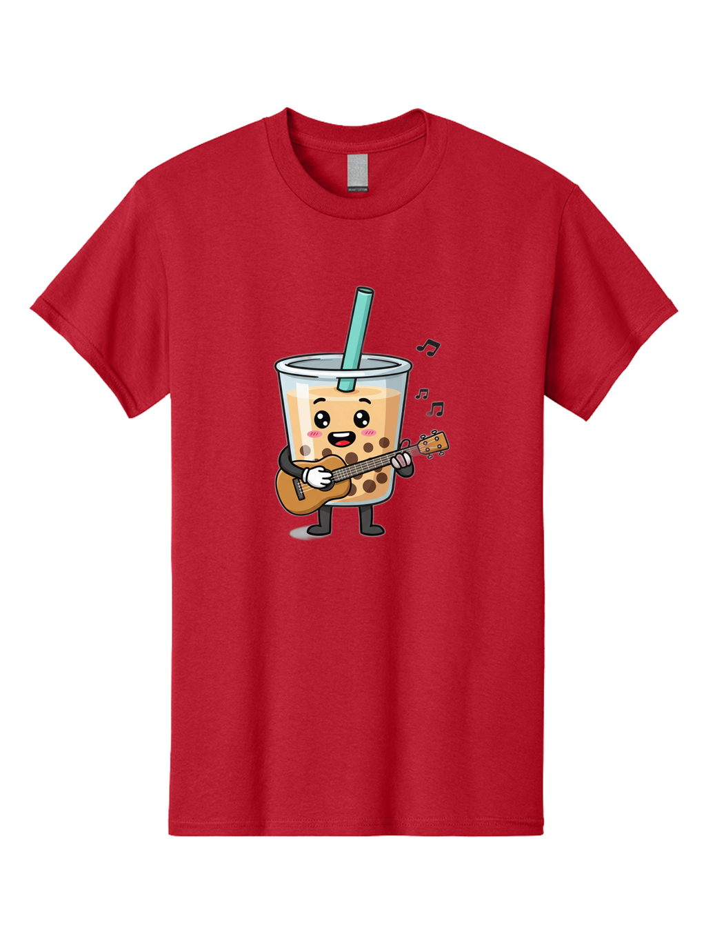 Bubble-Tea-With-Ukulele Men'S Graphic Tee, 100% Cotton, Comfortable Casual Summer Wear, Machine Washable, Boba Tea Playing Guitar, Cute Cartoon Character, Bubble Tea Mascot, Music Lover, Fun Beverage, Kawaii, Milk Tea, Quirky Illustration Bac713