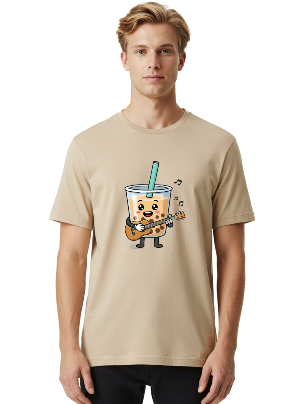 Bubble-Tea-With-Ukulele Men'S Graphic Tee, 100% Cotton, Comfortable Casual Summer Wear, Machine Washable, Boba Tea Playing Guitar, Cute Cartoon Character, Bubble Tea Mascot, Music Lover, Fun Beverage, Kawaii, Milk Tea, Quirky Illustration Bac713