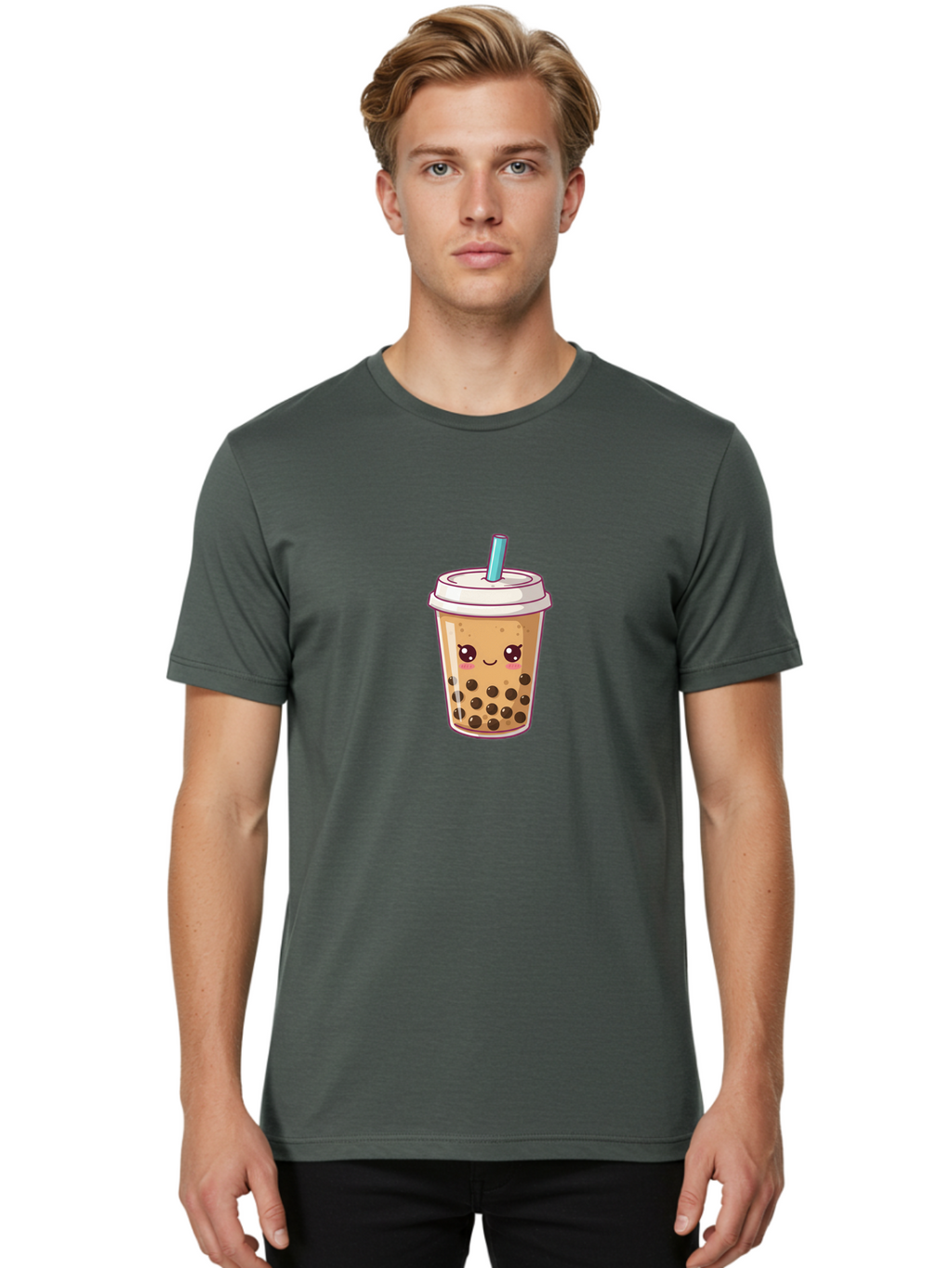 Bubble-Tea Men'S Graphic Tee, 100% Cotton, Comfortable Casual Summer Wear, Machine Washable, Cartoon Bubble Tea, Milk Tea With Boba, Bubble Tea Drink, Kawaii Drink, Cute Beverage, Boba Tea, Tea With Straw, Smiling Drink Bac714