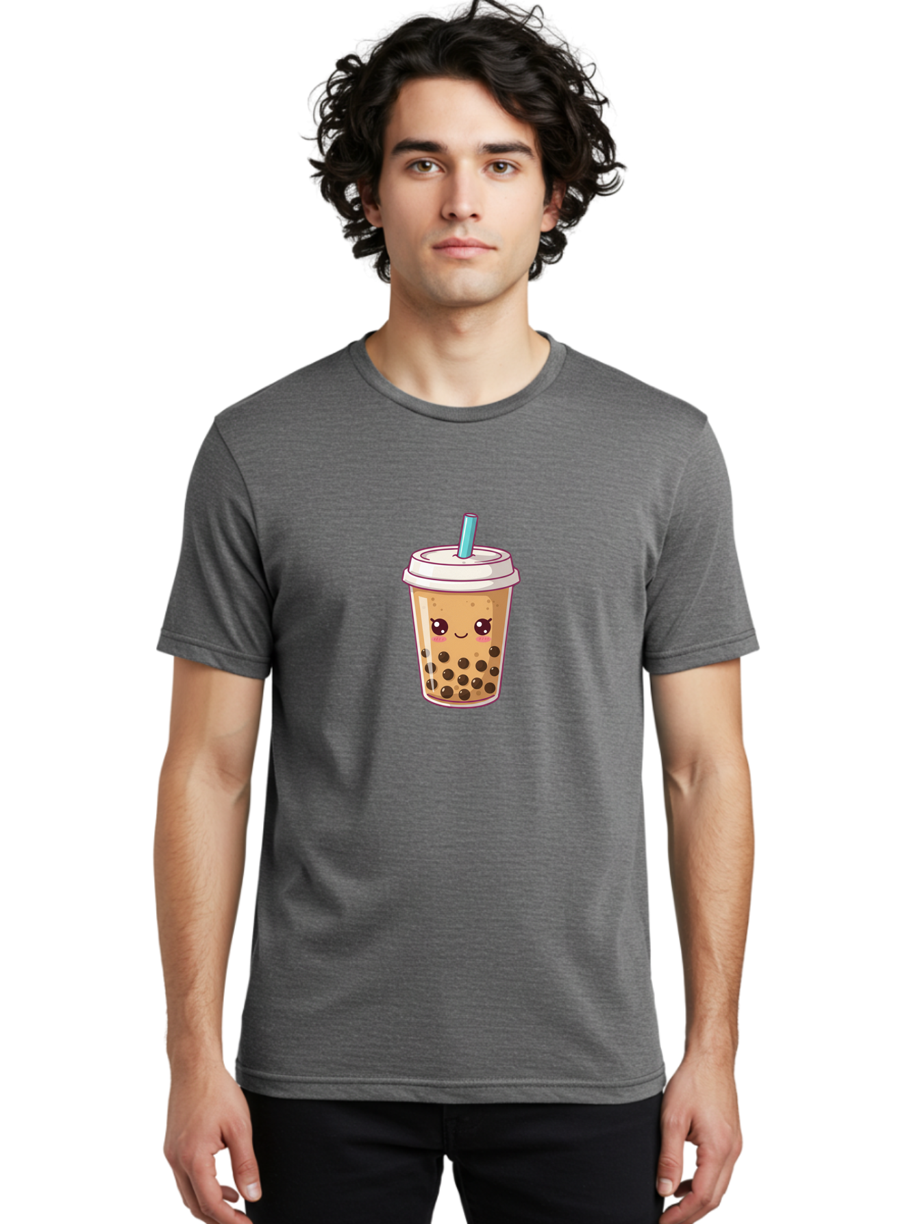 Bubble-Tea Men'S Graphic Tee, 100% Cotton, Comfortable Casual Summer Wear, Machine Washable, Cartoon Bubble Tea, Milk Tea With Boba, Bubble Tea Drink, Kawaii Drink, Cute Beverage, Boba Tea, Tea With Straw, Smiling Drink Bac714