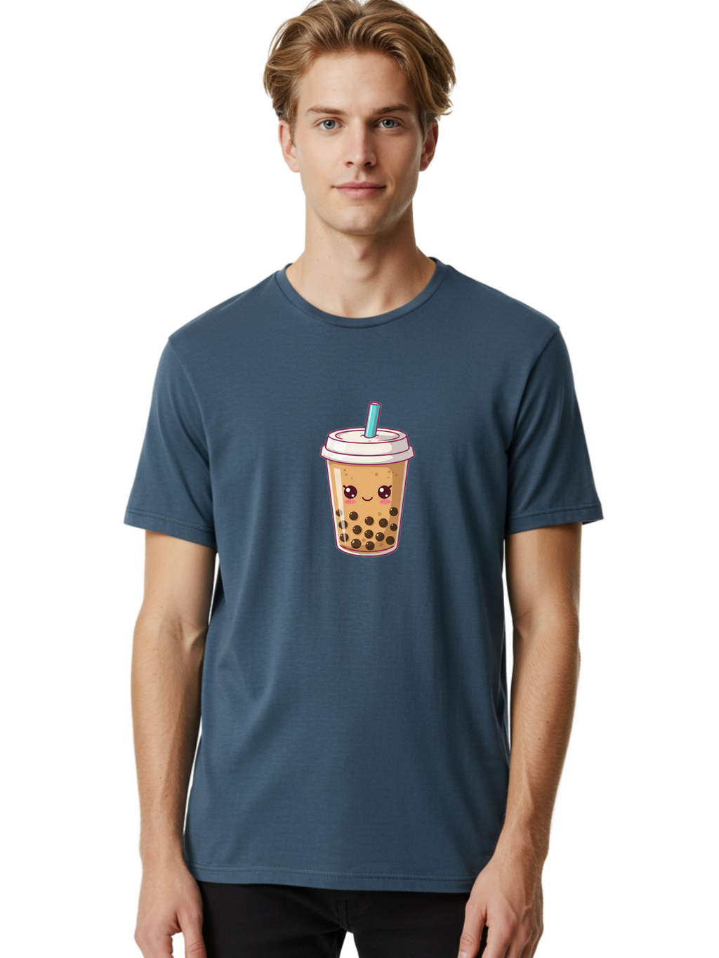 Bubble-Tea Men'S Graphic Tee, 100% Cotton, Comfortable Casual Summer Wear, Machine Washable, Cartoon Bubble Tea, Milk Tea With Boba, Bubble Tea Drink, Kawaii Drink, Cute Beverage, Boba Tea, Tea With Straw, Smiling Drink Bac714