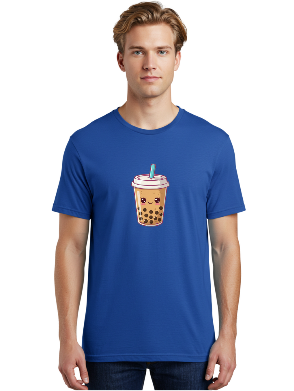 Bubble-Tea Men'S Graphic Tee, 100% Cotton, Comfortable Casual Summer Wear, Machine Washable, Cartoon Bubble Tea, Milk Tea With Boba, Bubble Tea Drink, Kawaii Drink, Cute Beverage, Boba Tea, Tea With Straw, Smiling Drink Bac714
