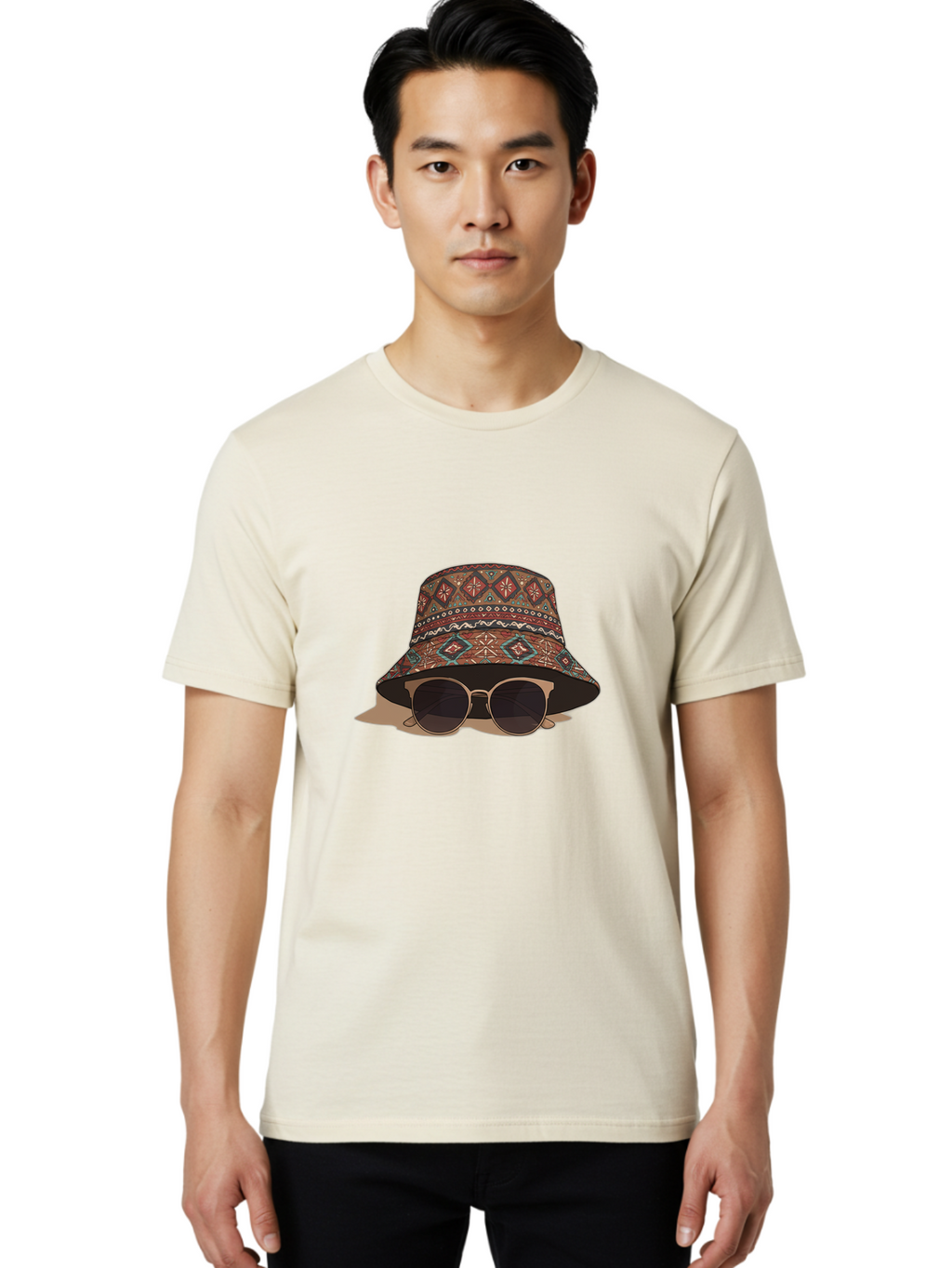Bucket-Hat-Sunglasses-1 Men'S Graphic Tee, 100% Cotton, Comfortable Casual Summer Wear, Machine Washable, Boho Chic Style, Sunglasses, Hat Fashion, Summer Vibes, Trendy Sunglasses, Fashion Accessory, Stylish Hat Bac717
