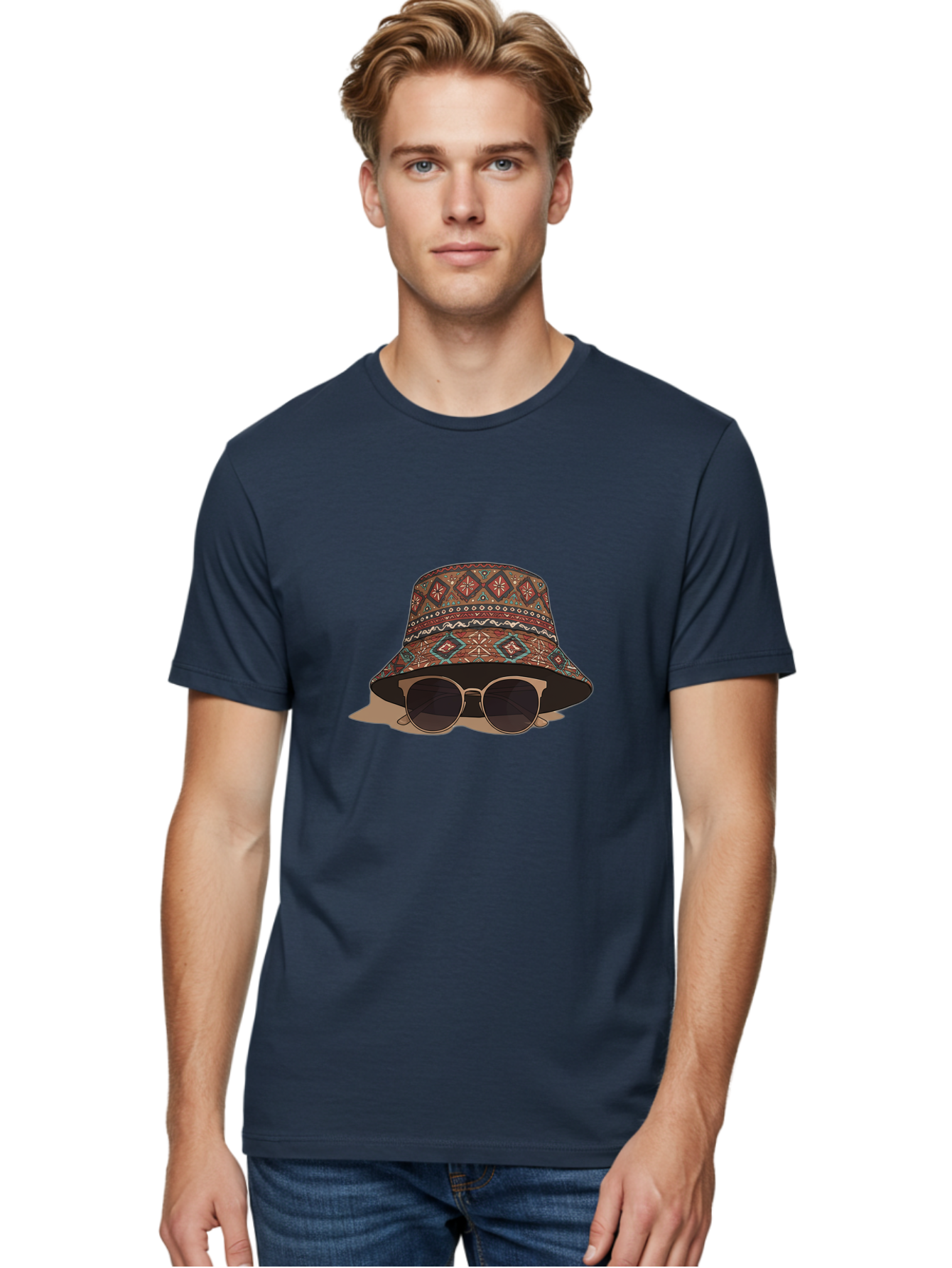Bucket-Hat-Sunglasses-1 Men'S Graphic Tee, 100% Cotton, Comfortable Casual Summer Wear, Machine Washable, Boho Chic Style, Sunglasses, Hat Fashion, Summer Vibes, Trendy Sunglasses, Fashion Accessory, Stylish Hat Bac717