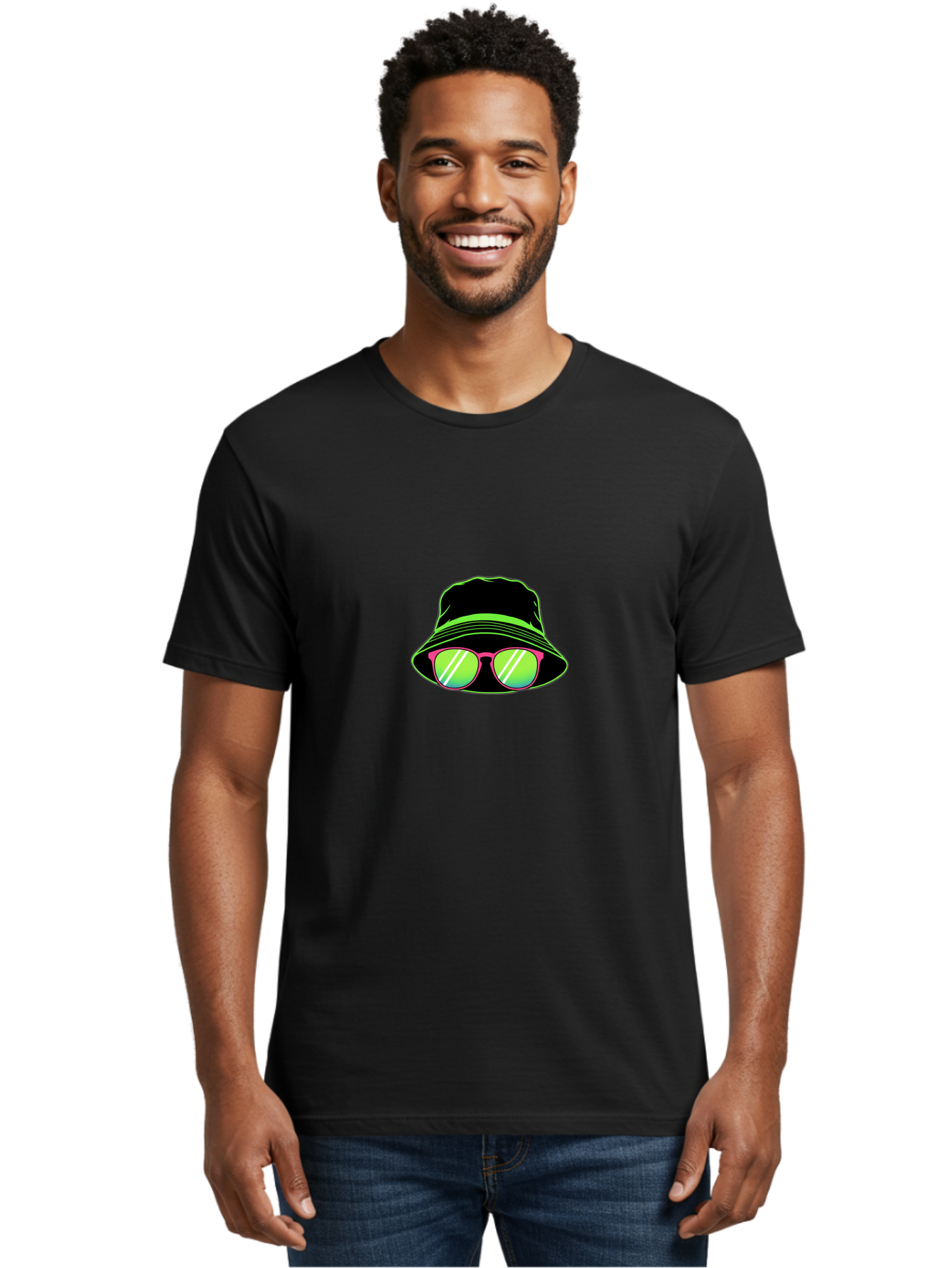 Bucket-Hat-Sunglasses Men'S Graphic Tee, 100% Cotton, Comfortable Casual Summer Wear, Machine Washable, Black Hat, Pink Sunglasses, Green Lenses, White Highlights, Stylish Accessory, Fashion Statement, Trendy Look, Cool Vibe, Hipster Style Bac718
