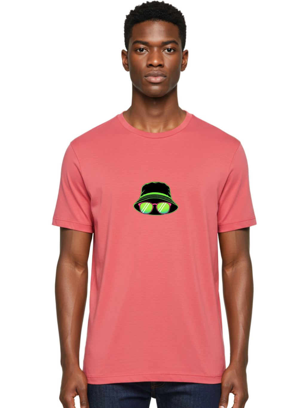 Bucket-Hat-Sunglasses Men'S Graphic Tee, 100% Cotton, Comfortable Casual Summer Wear, Machine Washable, Black Hat, Pink Sunglasses, Green Lenses, White Highlights, Stylish Accessory, Fashion Statement, Trendy Look, Cool Vibe, Hipster Style Bac718