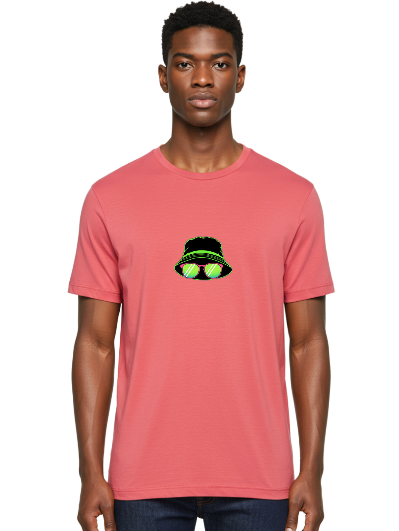 Bucket-Hat-Sunglasses Men'S Graphic Tee, 100% Cotton, Comfortable Casual Summer Wear, Machine Washable, Black Hat, Pink Sunglasses, Green Lenses, White Highlights, Stylish Accessory, Fashion Statement, Trendy Look, Cool Vibe, Hipster Style Bac718