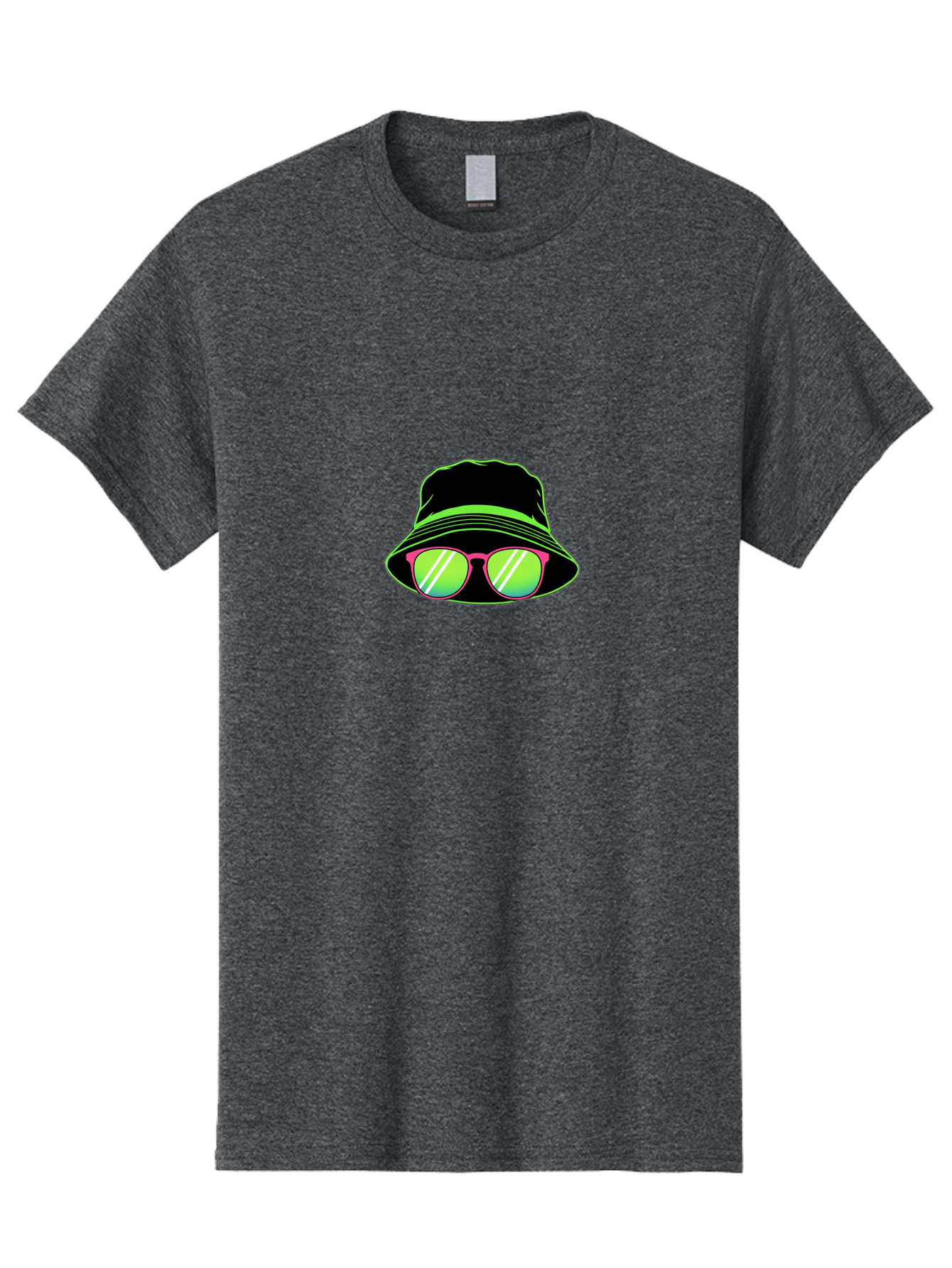 Bucket-Hat-Sunglasses Men'S Graphic Tee, 100% Cotton, Comfortable Casual Summer Wear, Machine Washable, Black Hat, Pink Sunglasses, Green Lenses, White Highlights, Stylish Accessory, Fashion Statement, Trendy Look, Cool Vibe, Hipster Style Bac718