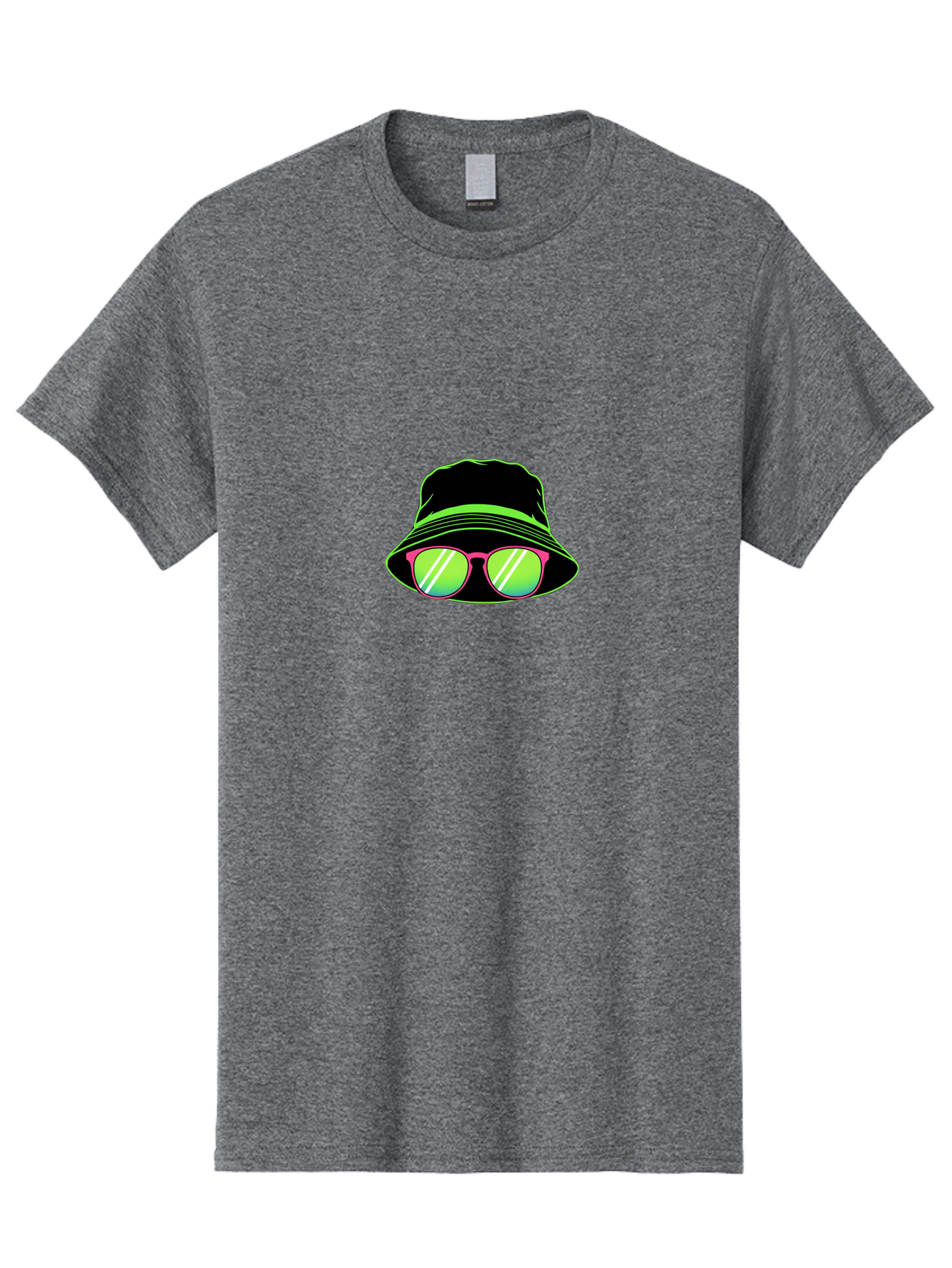 Bucket-Hat-Sunglasses Men'S Graphic Tee, 100% Cotton, Comfortable Casual Summer Wear, Machine Washable, Black Hat, Pink Sunglasses, Green Lenses, White Highlights, Stylish Accessory, Fashion Statement, Trendy Look, Cool Vibe, Hipster Style Bac718