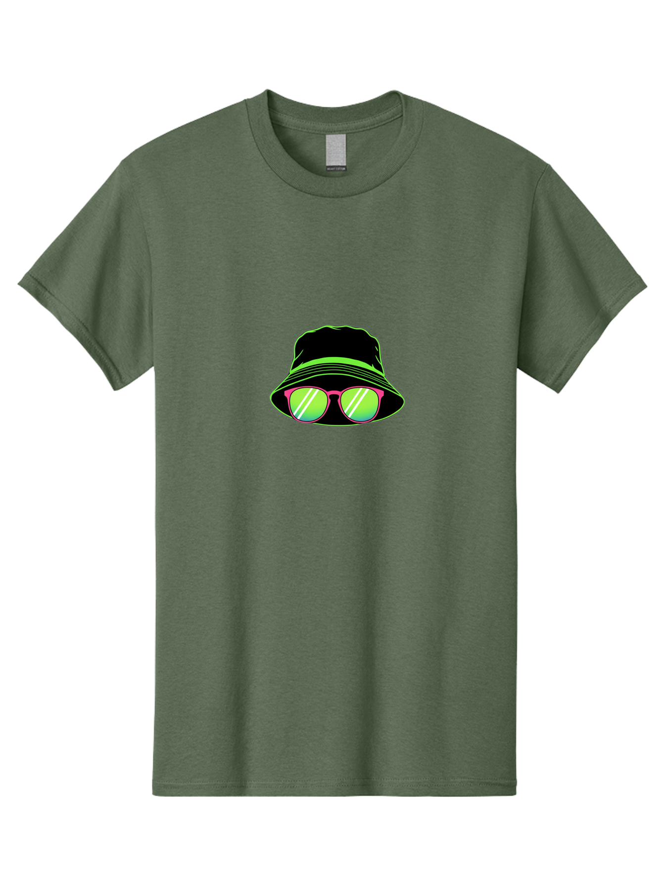 Bucket-Hat-Sunglasses Men'S Graphic Tee, 100% Cotton, Comfortable Casual Summer Wear, Machine Washable, Black Hat, Pink Sunglasses, Green Lenses, White Highlights, Stylish Accessory, Fashion Statement, Trendy Look, Cool Vibe, Hipster Style Bac718