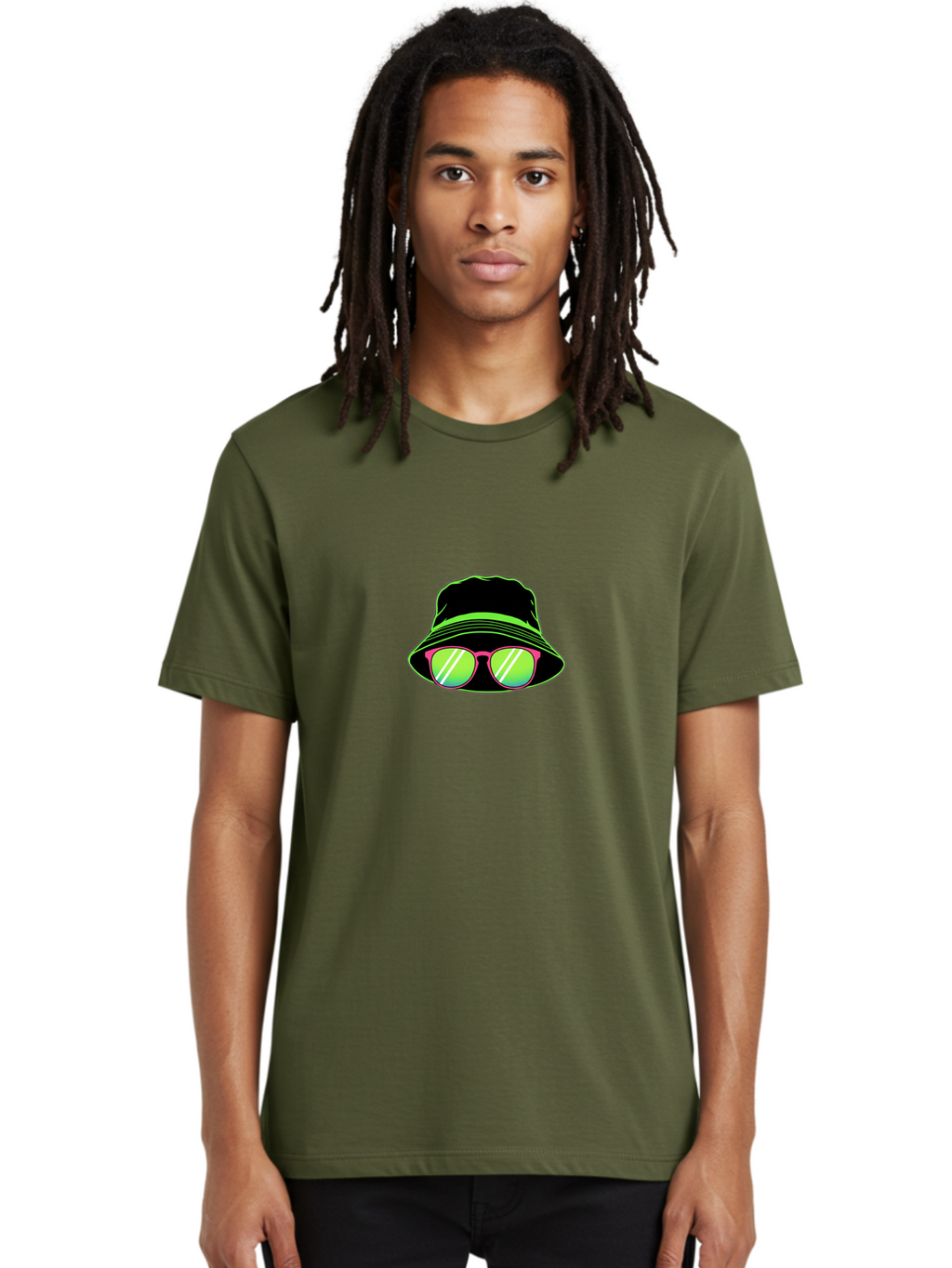 Bucket-Hat-Sunglasses Men'S Graphic Tee, 100% Cotton, Comfortable Casual Summer Wear, Machine Washable, Black Hat, Pink Sunglasses, Green Lenses, White Highlights, Stylish Accessory, Fashion Statement, Trendy Look, Cool Vibe, Hipster Style Bac718
