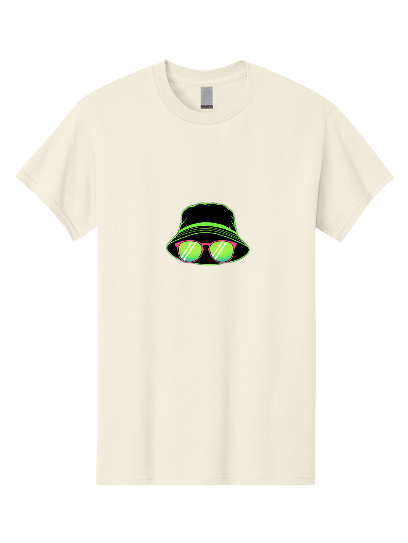 Bucket-Hat-Sunglasses Men'S Graphic Tee, 100% Cotton, Comfortable Casual Summer Wear, Machine Washable, Black Hat, Pink Sunglasses, Green Lenses, White Highlights, Stylish Accessory, Fashion Statement, Trendy Look, Cool Vibe, Hipster Style Bac718
