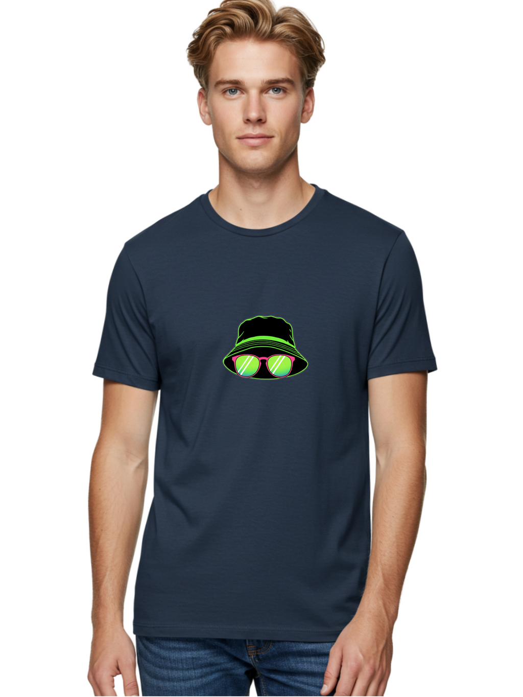Bucket-Hat-Sunglasses Men'S Graphic Tee, 100% Cotton, Comfortable Casual Summer Wear, Machine Washable, Black Hat, Pink Sunglasses, Green Lenses, White Highlights, Stylish Accessory, Fashion Statement, Trendy Look, Cool Vibe, Hipster Style Bac718
