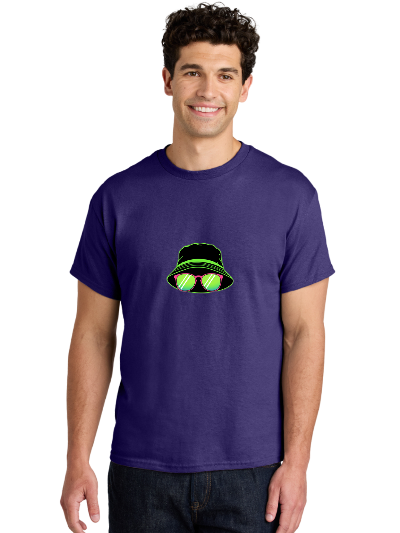 Bucket-Hat-Sunglasses Men'S Graphic Tee, 100% Cotton, Comfortable Casual Summer Wear, Machine Washable, Black Hat, Pink Sunglasses, Green Lenses, White Highlights, Stylish Accessory, Fashion Statement, Trendy Look, Cool Vibe, Hipster Style Bac718