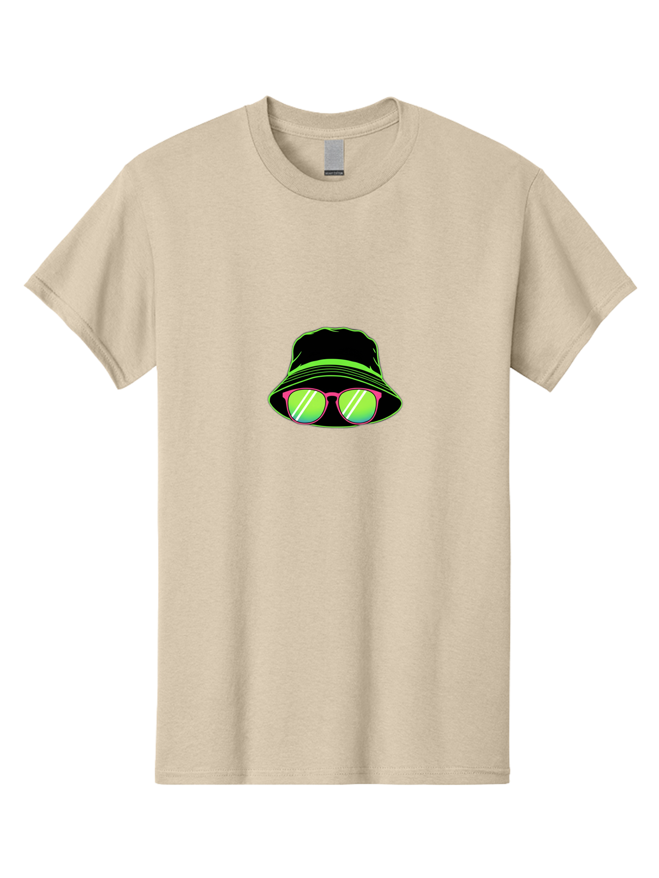 Bucket-Hat-Sunglasses Men'S Graphic Tee, 100% Cotton, Comfortable Casual Summer Wear, Machine Washable, Black Hat, Pink Sunglasses, Green Lenses, White Highlights, Stylish Accessory, Fashion Statement, Trendy Look, Cool Vibe, Hipster Style Bac718