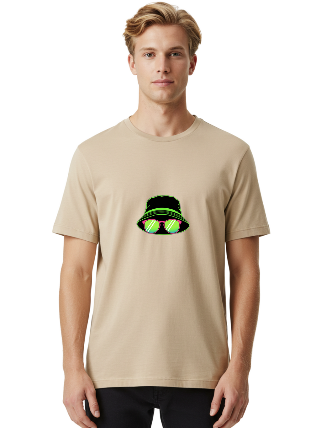 Bucket-Hat-Sunglasses Men'S Graphic Tee, 100% Cotton, Comfortable Casual Summer Wear, Machine Washable, Black Hat, Pink Sunglasses, Green Lenses, White Highlights, Stylish Accessory, Fashion Statement, Trendy Look, Cool Vibe, Hipster Style Bac718