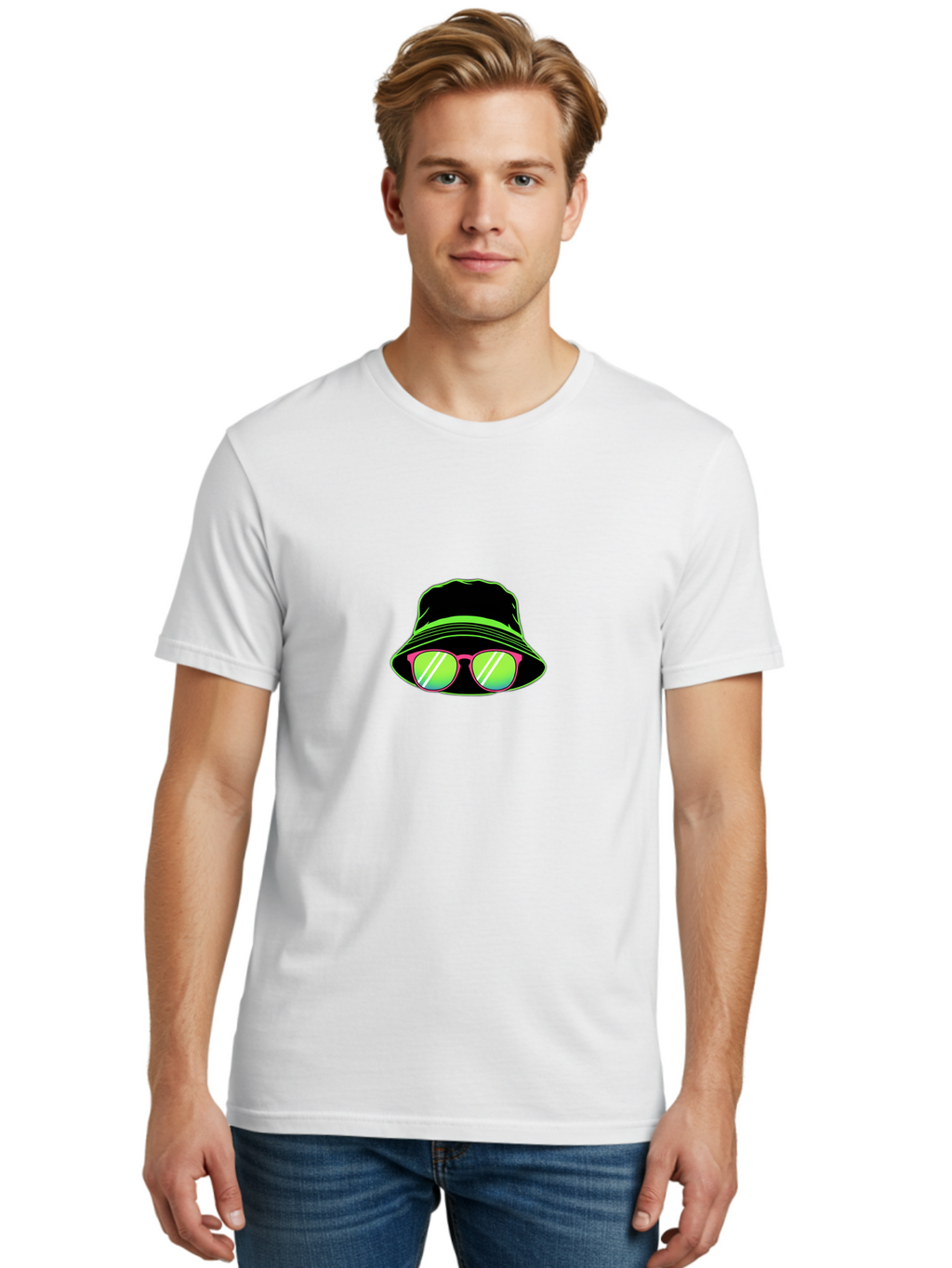 Bucket-Hat-Sunglasses Men'S Graphic Tee, 100% Cotton, Comfortable Casual Summer Wear, Machine Washable, Black Hat, Pink Sunglasses, Green Lenses, White Highlights, Stylish Accessory, Fashion Statement, Trendy Look, Cool Vibe, Hipster Style Bac718