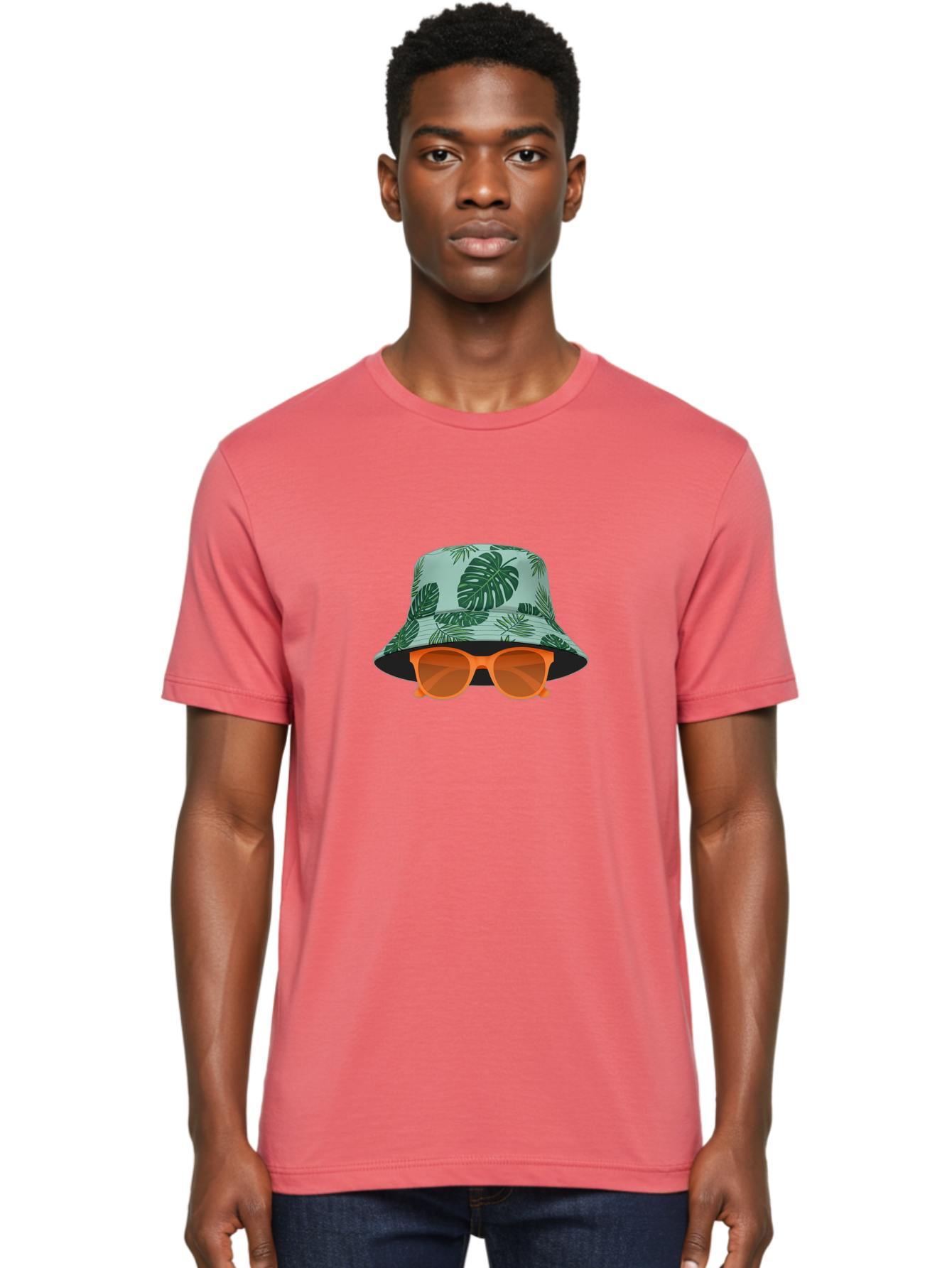 Bucket-Hat-With-Sunglasses Men'S Graphic Tee, 100% Cotton, Comfortable Casual Summer Wear, Machine Washable, Summer Fashion, Tropical Vibes, Stylish Accessories, Leaf Pattern, Fashionable Eyewear, Beachwear, Trendy Clothing, Orange Sunglasses, Bac719