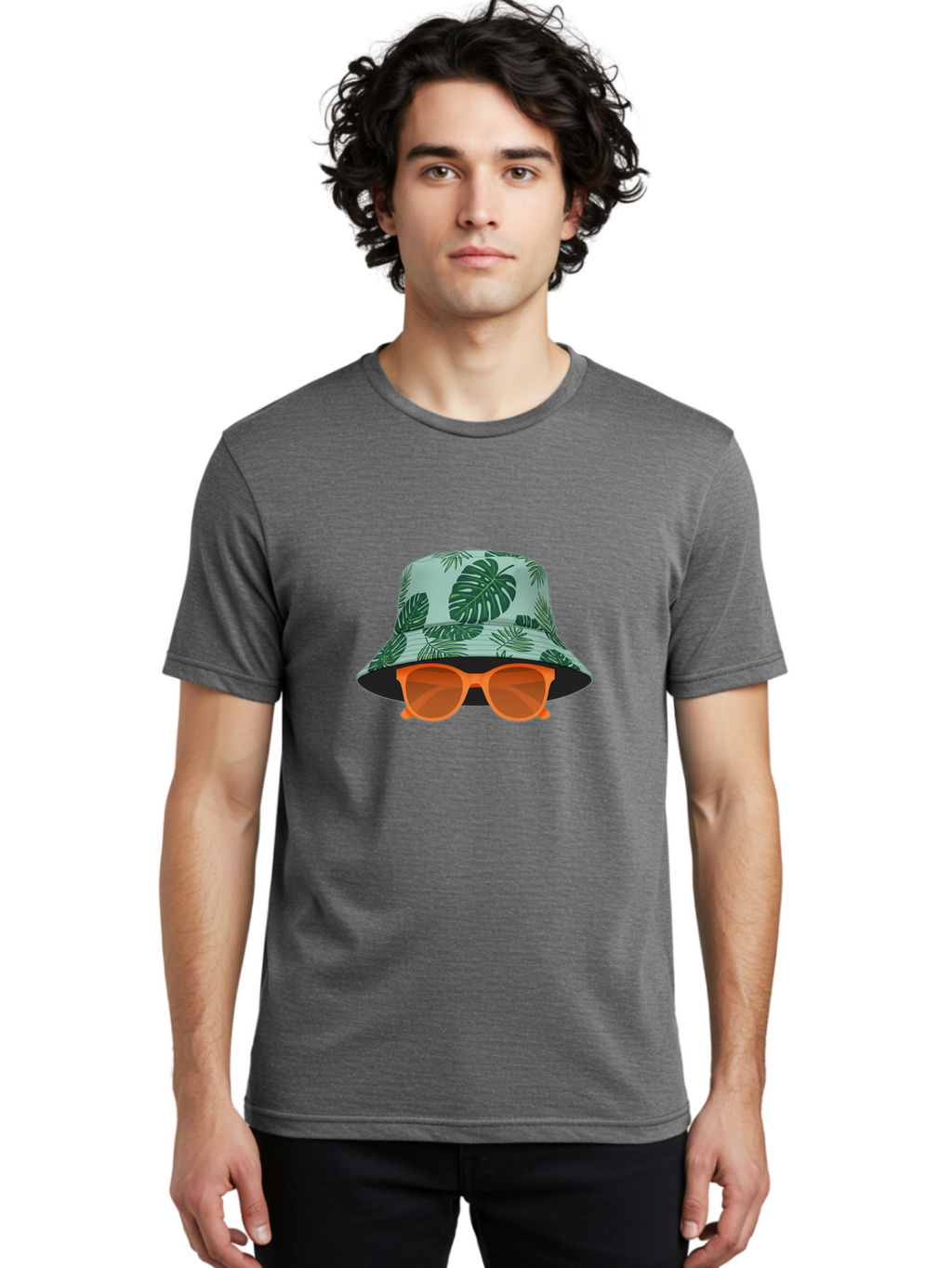 Bucket-Hat-With-Sunglasses Men'S Graphic Tee, 100% Cotton, Comfortable Casual Summer Wear, Machine Washable, Summer Fashion, Tropical Vibes, Stylish Accessories, Leaf Pattern, Fashionable Eyewear, Beachwear, Trendy Clothing, Orange Sunglasses, Bac719