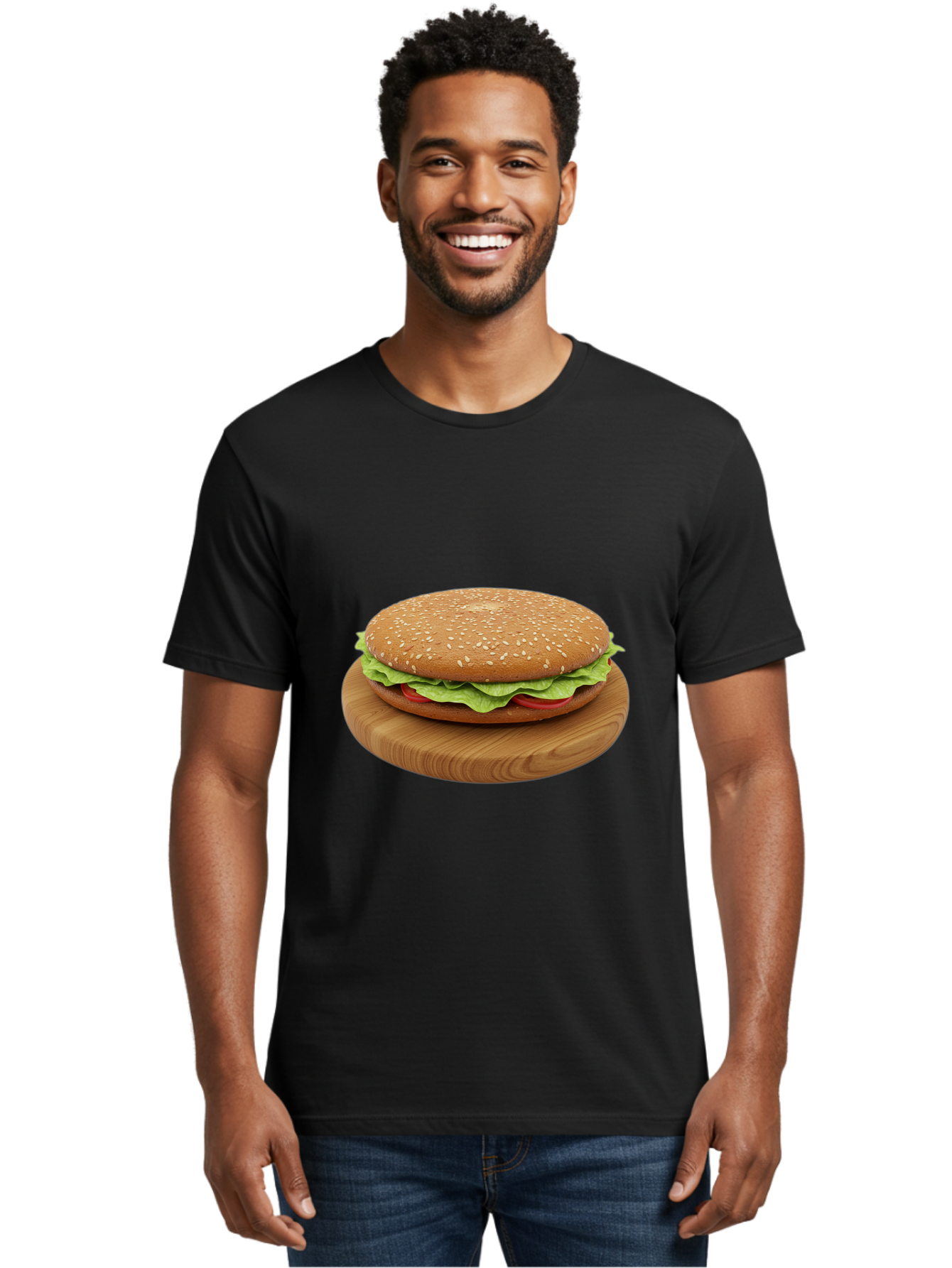 Burger-On-Chopping-Board Men'S Graphic Tee, 100% Cotton, Comfortable Casual Summer Wear, Machine Washable, Sesame Seed Bun, Lettuce, Tomato, Wooden Board, Gourmet Food, Meal Presentation, Appetizing Burger, Fast Food Bac720