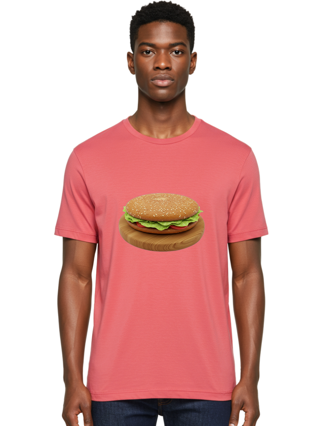 Burger-On-Chopping-Board Men'S Graphic Tee, 100% Cotton, Comfortable Casual Summer Wear, Machine Washable, Sesame Seed Bun, Lettuce, Tomato, Wooden Board, Gourmet Food, Meal Presentation, Appetizing Burger, Fast Food Bac720