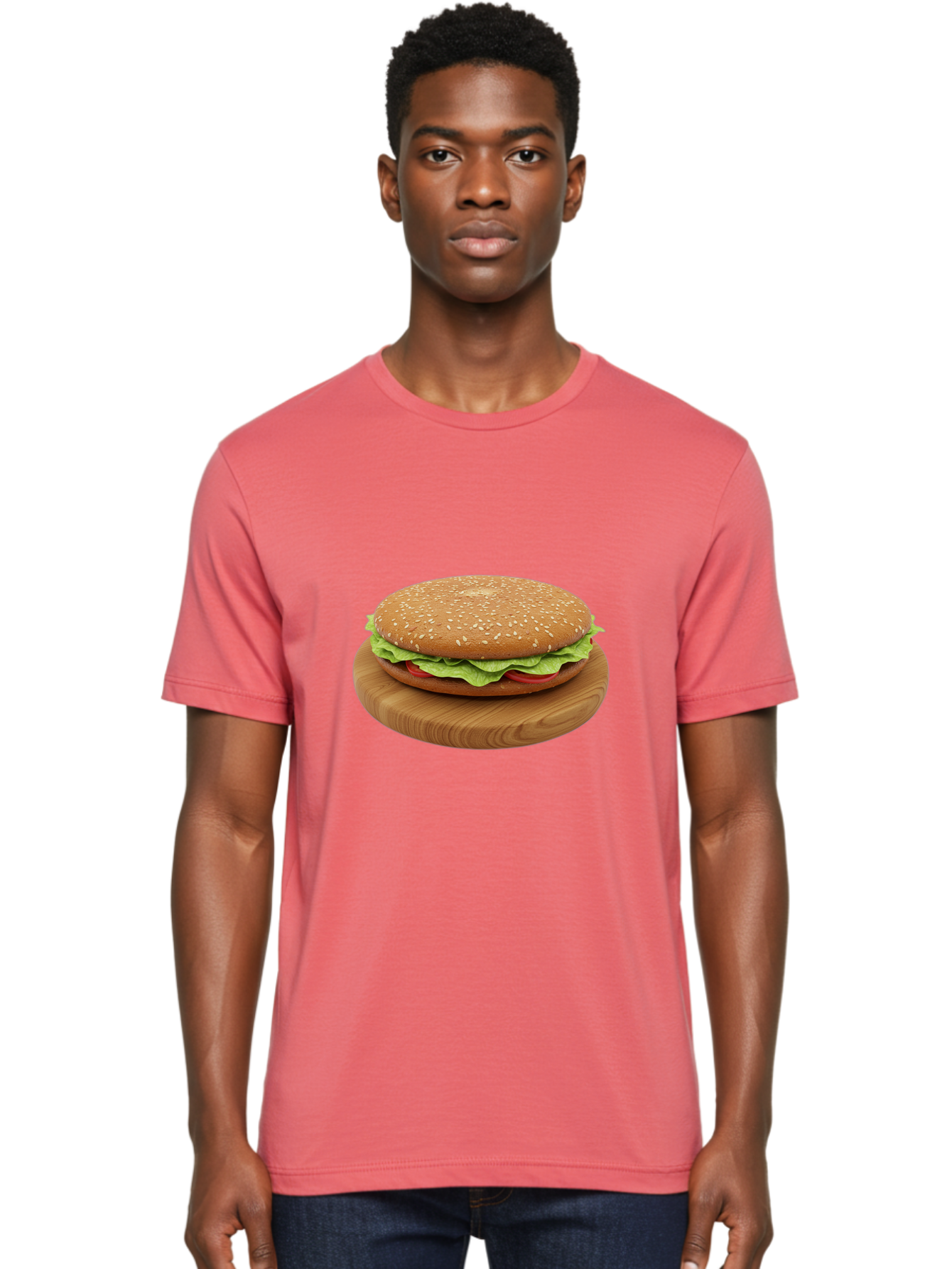 Burger-On-Chopping-Board Men'S Graphic Tee, 100% Cotton, Comfortable Casual Summer Wear, Machine Washable, Sesame Seed Bun, Lettuce, Tomato, Wooden Board, Gourmet Food, Meal Presentation, Appetizing Burger, Fast Food Bac720