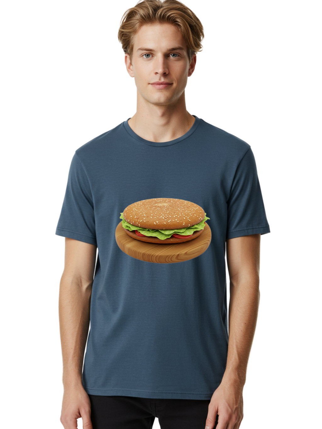 Burger-On-Chopping-Board Men'S Graphic Tee, 100% Cotton, Comfortable Casual Summer Wear, Machine Washable, Sesame Seed Bun, Lettuce, Tomato, Wooden Board, Gourmet Food, Meal Presentation, Appetizing Burger, Fast Food Bac720