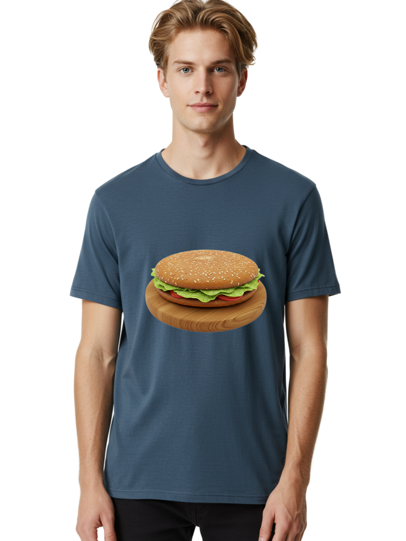 Burger-On-Chopping-Board Men'S Graphic Tee, 100% Cotton, Comfortable Casual Summer Wear, Machine Washable, Sesame Seed Bun, Lettuce, Tomato, Wooden Board, Gourmet Food, Meal Presentation, Appetizing Burger, Fast Food Bac720