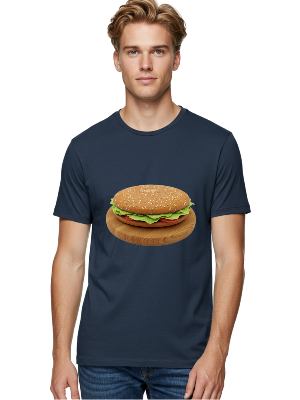 Burger-On-Chopping-Board Men'S Graphic Tee, 100% Cotton, Comfortable Casual Summer Wear, Machine Washable, Sesame Seed Bun, Lettuce, Tomato, Wooden Board, Gourmet Food, Meal Presentation, Appetizing Burger, Fast Food Bac720