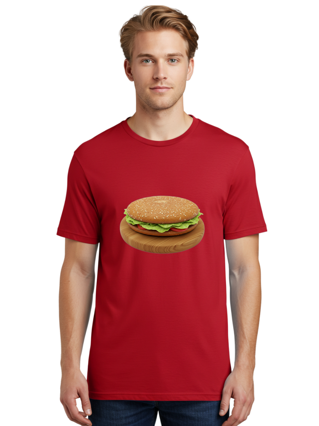 Burger-On-Chopping-Board Men'S Graphic Tee, 100% Cotton, Comfortable Casual Summer Wear, Machine Washable, Sesame Seed Bun, Lettuce, Tomato, Wooden Board, Gourmet Food, Meal Presentation, Appetizing Burger, Fast Food Bac720