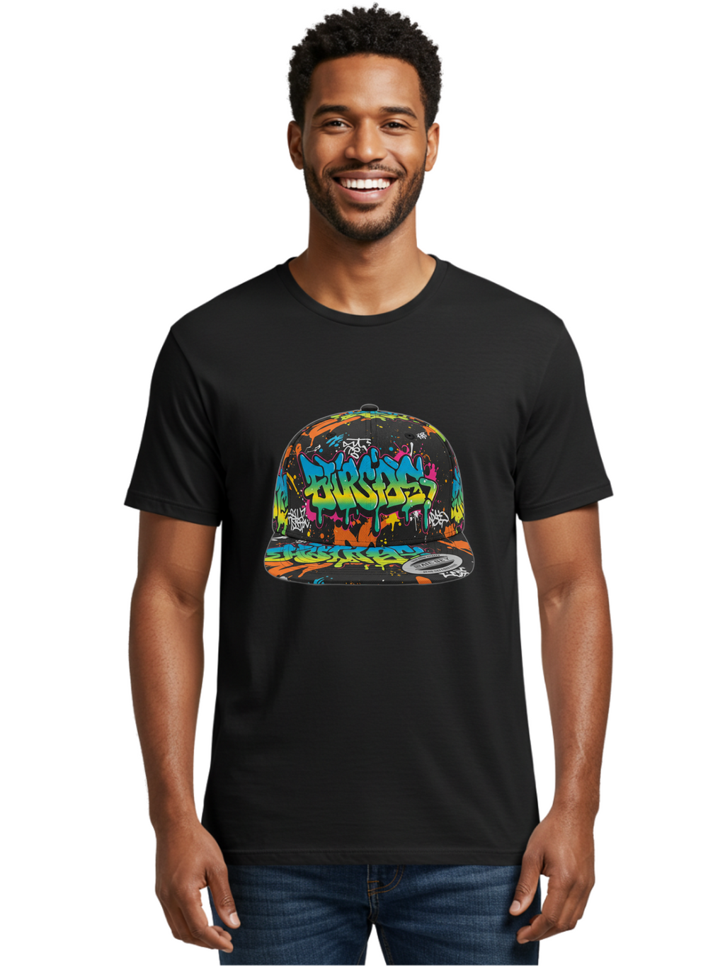 Burstin-Hustle Men'S Graphic Tee, 100% Cotton, Comfortable Casual Summer Wear, Machine Washable, Graffiti Hat, Streetwear Fashion, Urban Style, Colorful Cap, Bold Design, Vibrant Print, Trendy Headwear, Burstin, Splatter Art, Bac721
