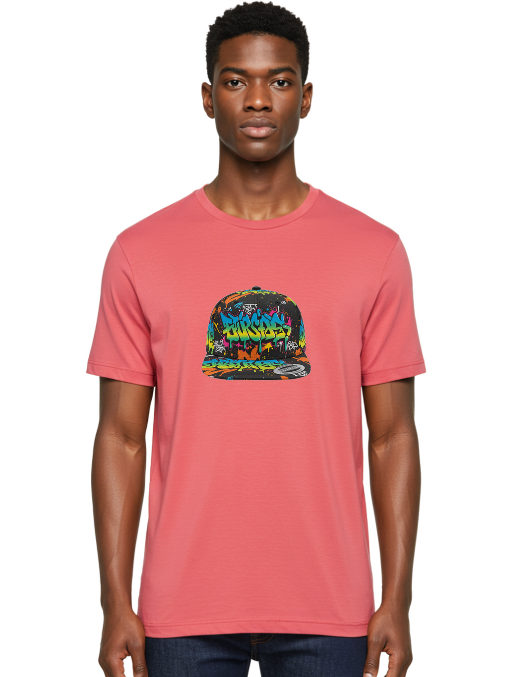Burstin-Hustle Men'S Graphic Tee, 100% Cotton, Comfortable Casual Summer Wear, Machine Washable, Graffiti Hat, Streetwear Fashion, Urban Style, Colorful Cap, Bold Design, Vibrant Print, Trendy Headwear, Burstin, Splatter Art, Bac721
