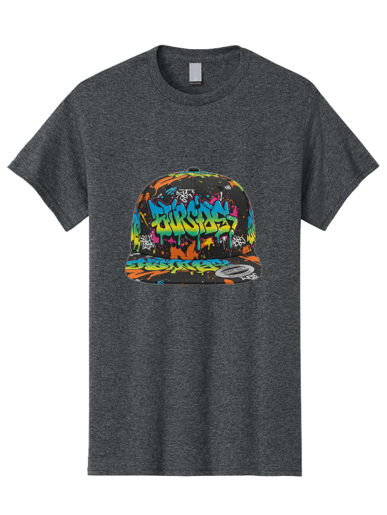 Burstin-Hustle Men'S Graphic Tee, 100% Cotton, Comfortable Casual Summer Wear, Machine Washable, Graffiti Hat, Streetwear Fashion, Urban Style, Colorful Cap, Bold Design, Vibrant Print, Trendy Headwear, Burstin, Splatter Art, Bac721
