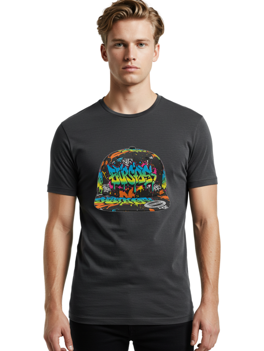 Burstin-Hustle Men'S Graphic Tee, 100% Cotton, Comfortable Casual Summer Wear, Machine Washable, Graffiti Hat, Streetwear Fashion, Urban Style, Colorful Cap, Bold Design, Vibrant Print, Trendy Headwear, Burstin, Splatter Art, Bac721