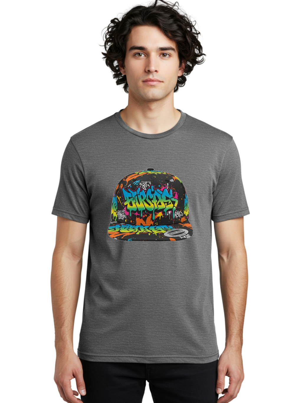 Burstin-Hustle Men'S Graphic Tee, 100% Cotton, Comfortable Casual Summer Wear, Machine Washable, Graffiti Hat, Streetwear Fashion, Urban Style, Colorful Cap, Bold Design, Vibrant Print, Trendy Headwear, Burstin, Splatter Art, Bac721