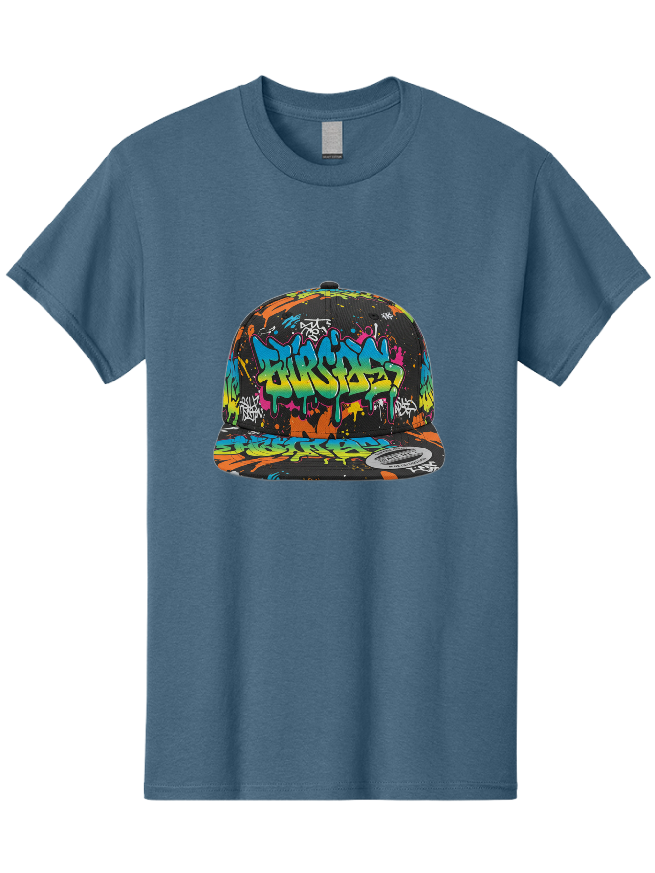 Burstin-Hustle Men'S Graphic Tee, 100% Cotton, Comfortable Casual Summer Wear, Machine Washable, Graffiti Hat, Streetwear Fashion, Urban Style, Colorful Cap, Bold Design, Vibrant Print, Trendy Headwear, Burstin, Splatter Art, Bac721